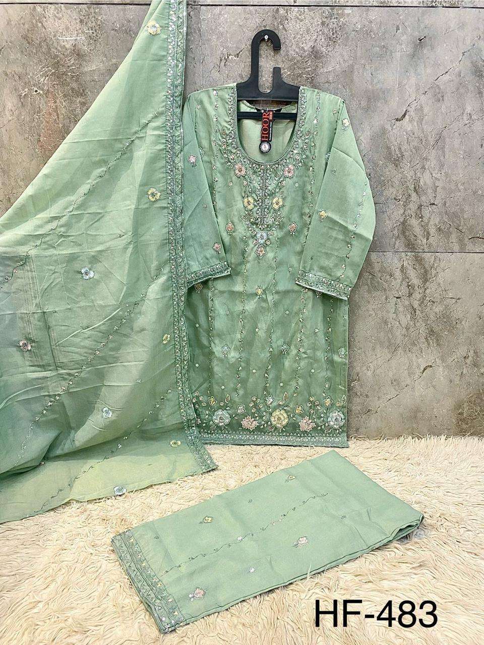  HOOR TEX DESIGN NO - HF 483 A-D  HEAVY STAR CHIFFON READYMADE PAKISTANI SUIT