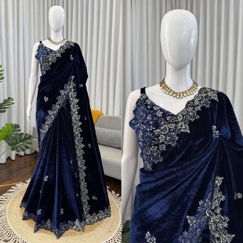 KD 616 VELVET HEAVY ELEGANT DESIGNER LOOK PARTY WEAR LADIES SAREE