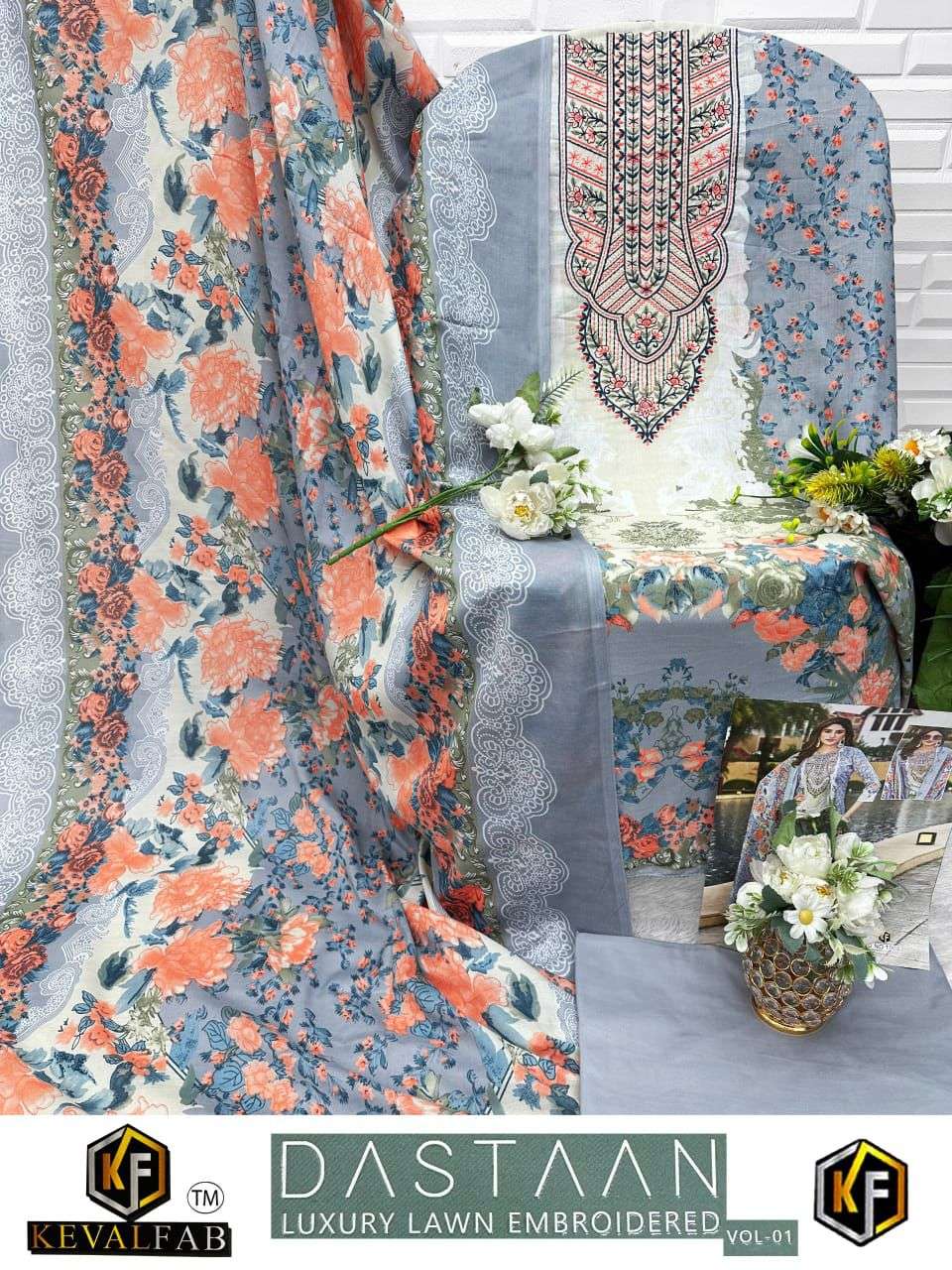KEVAL FAB DASTAAN VOL 1 LAWN COTTON DIGITAL PRINT WITH WORK SUIT