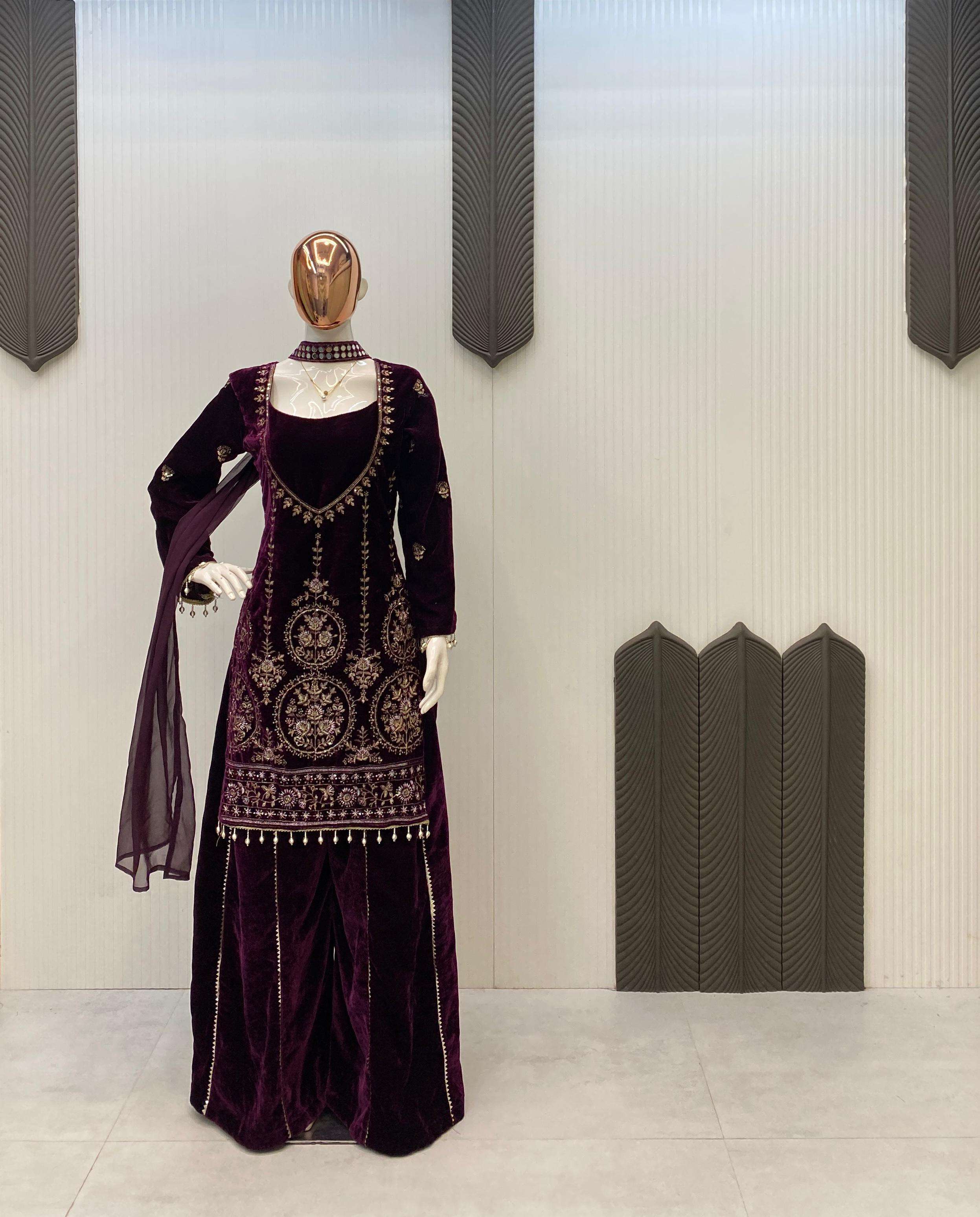 LG 2038 VELVET BEAUTIFUL DESIGNER PARTY WEAR TOP PLAZZO AND DUPATTA SET 