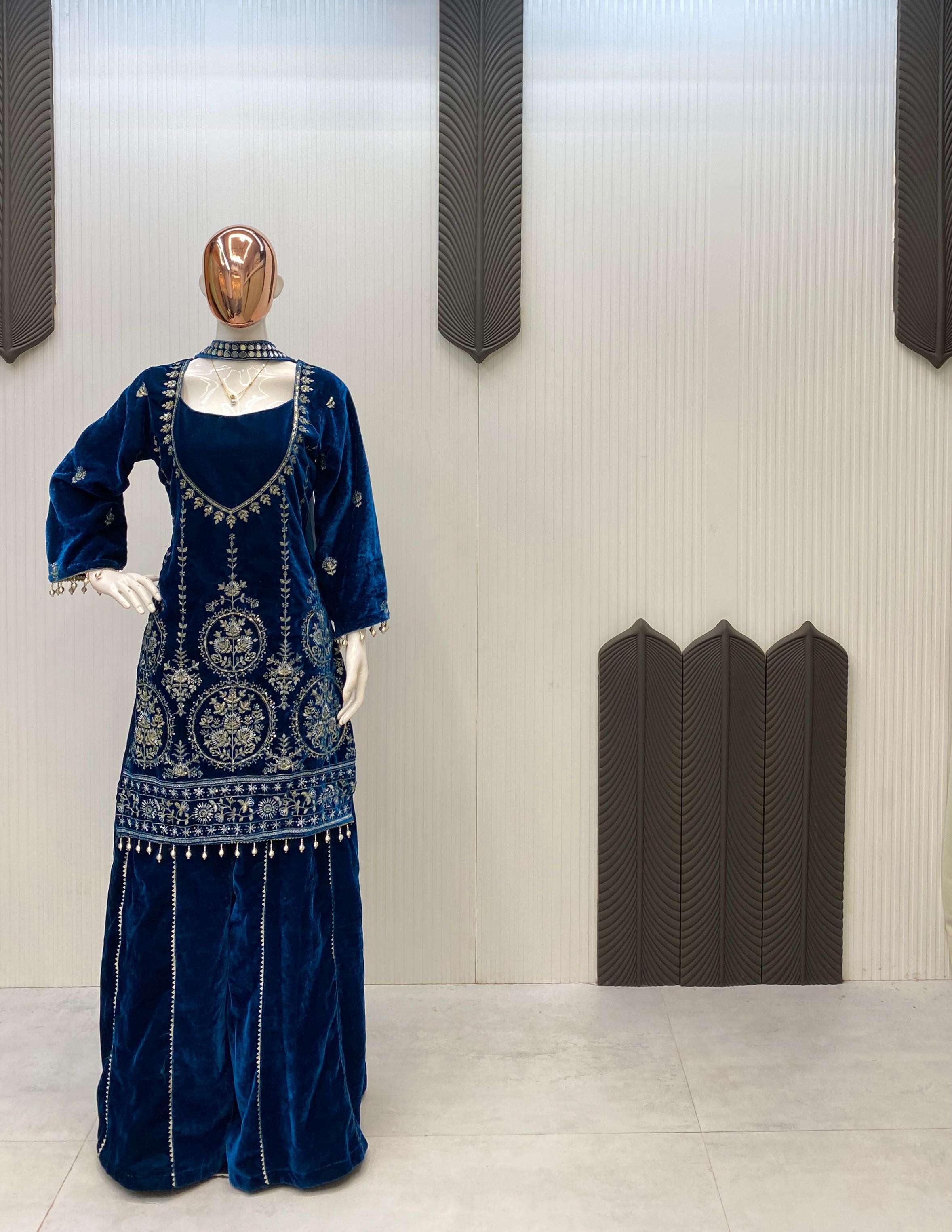 LG 2038 VELVET BEAUTIFUL DESIGNER PARTY WEAR TOP PLAZZO AND DUPATTA SET 