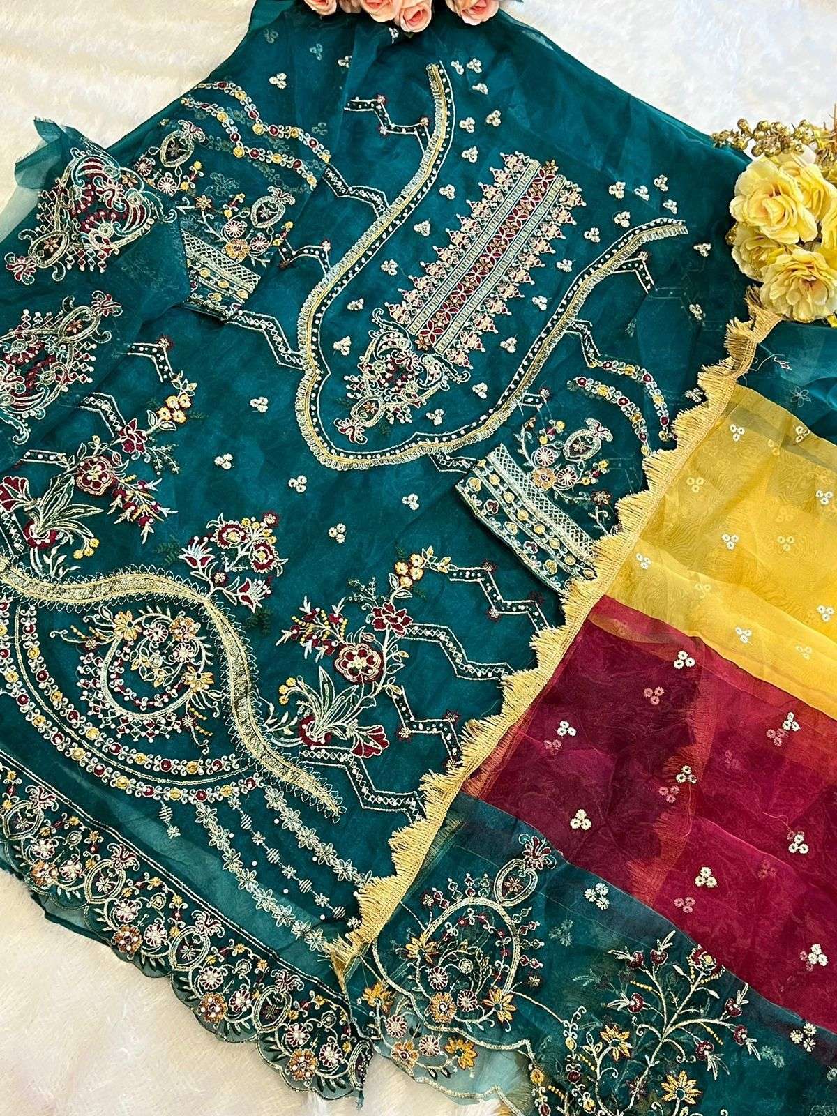 MEHBOOB TEX DESIGN NO - 1499 ACD ORGANZA HEAVY EMBROIDERED HAND WORK PARTY WEAR SUIT