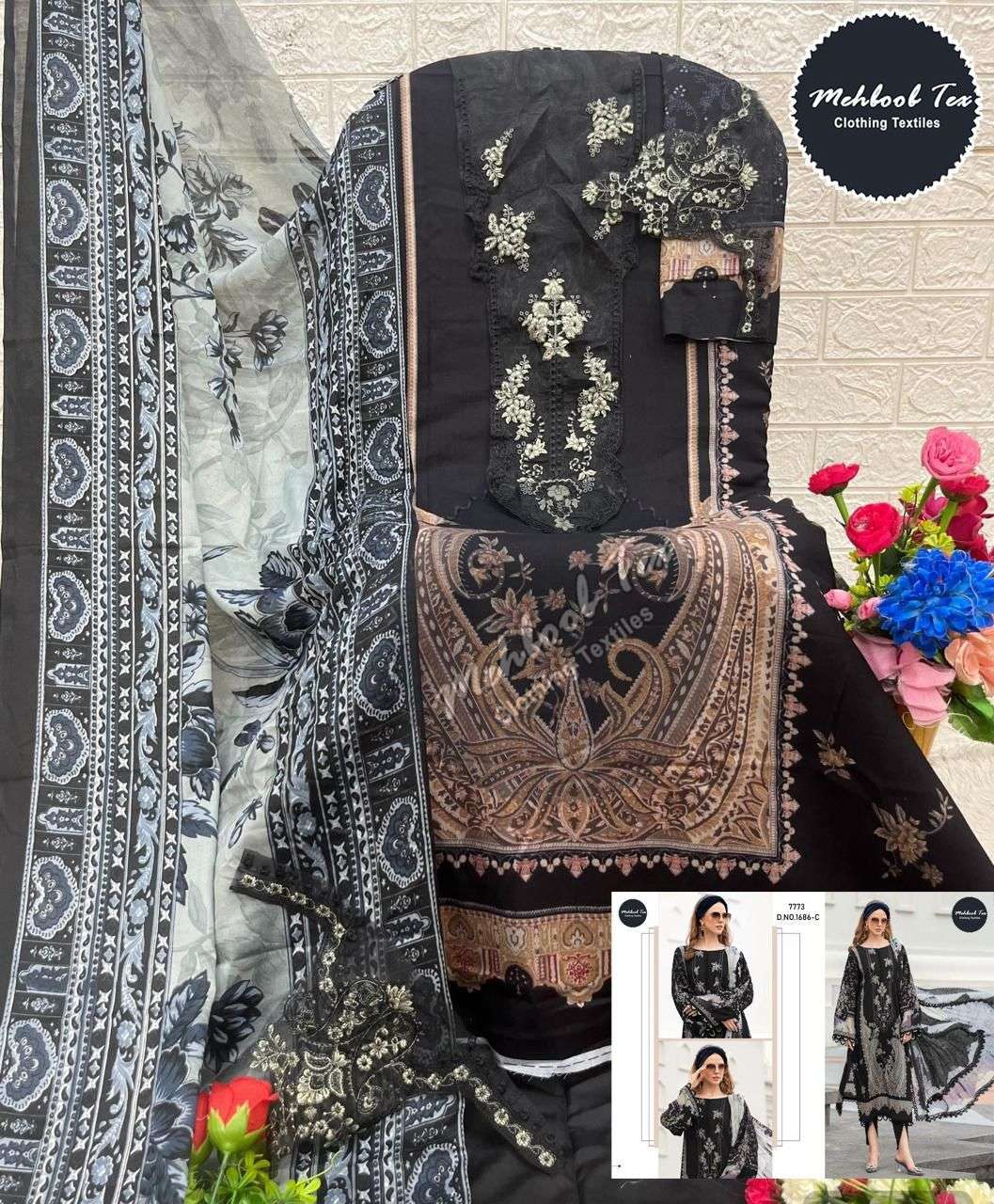 MEHBOOB TEX DESIGN NO - 1686 C PURE COTTON PRINT EMBROIDERED SELF WORK PATCH PAKISTANI SALWAR SUIT 