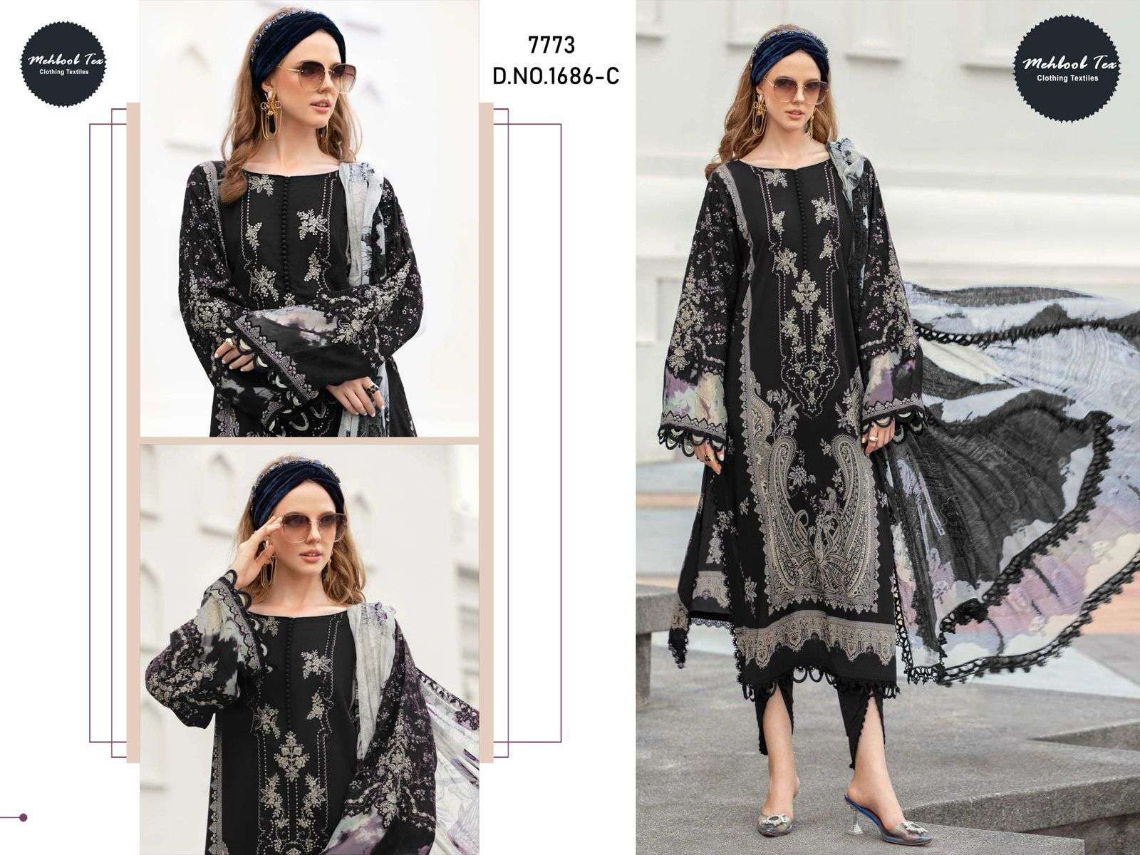 MEHBOOB TEX DESIGN NO - 1686 C PURE COTTON PRINT EMBROIDERED SELF WORK PATCH PAKISTANI SALWAR SUIT 
