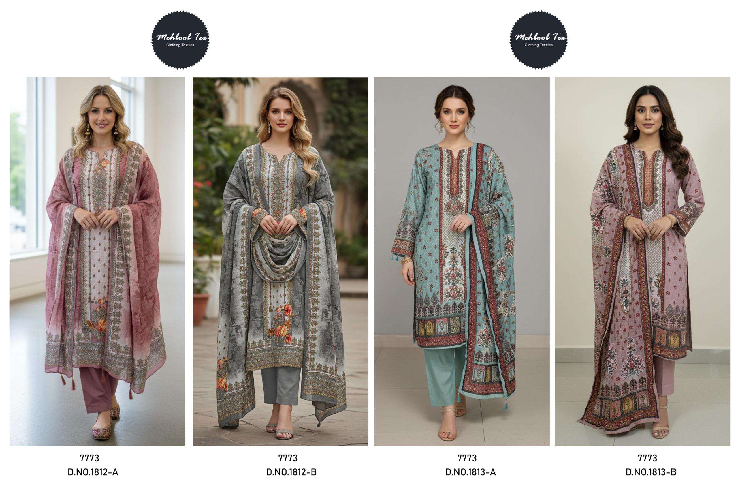 MEHBOOB TEX DESIGN NO - 1812 AB - 1813 AB PURE VISCOSE MUSLIN DIGITAL PRINT AARI HANDWORK PAKISTANI SUIT