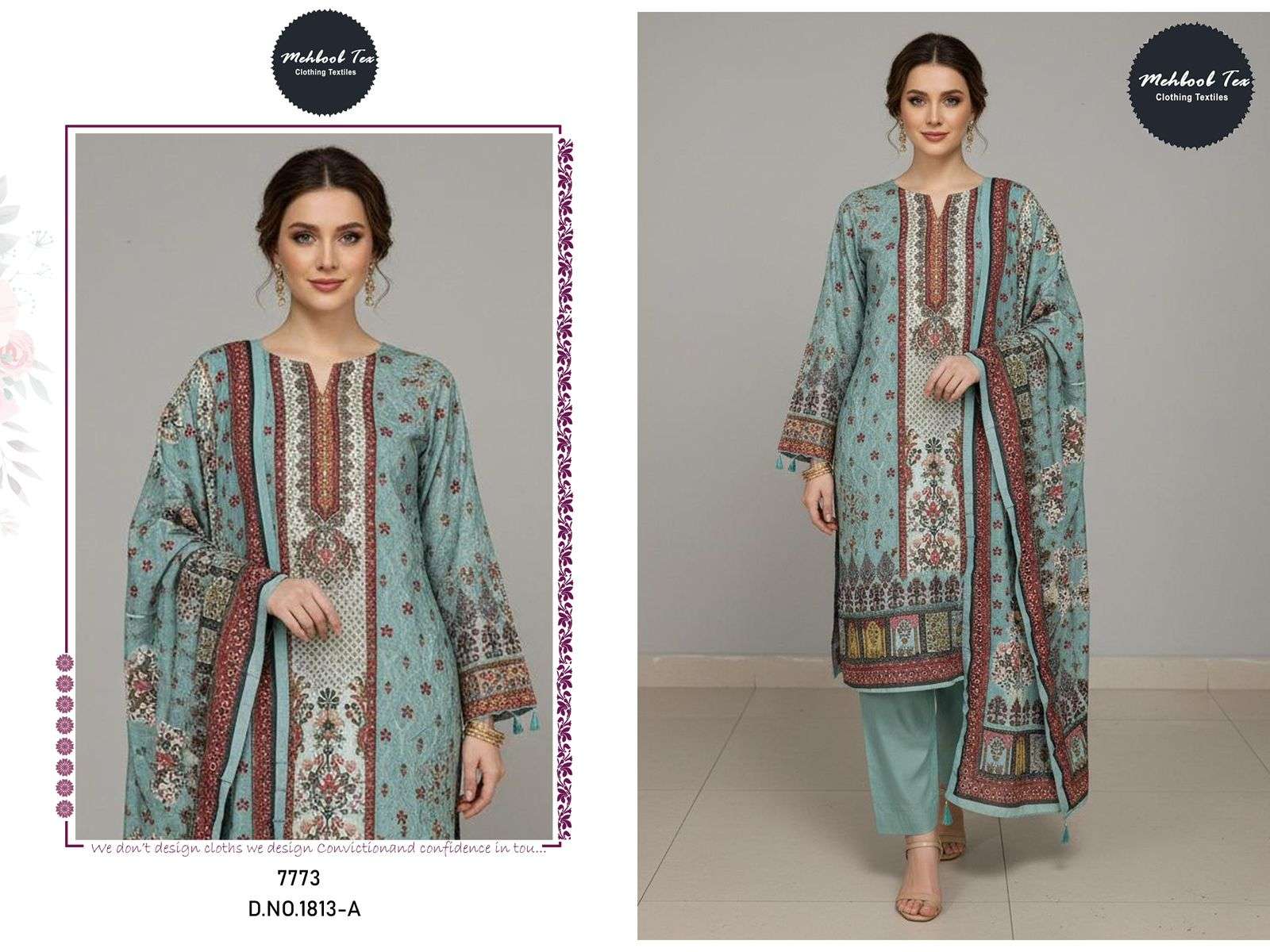 MEHBOOB TEX DESIGN NO - 1812 AB - 1813 AB PURE VISCOSE MUSLIN DIGITAL PRINT AARI HANDWORK PAKISTANI SUIT