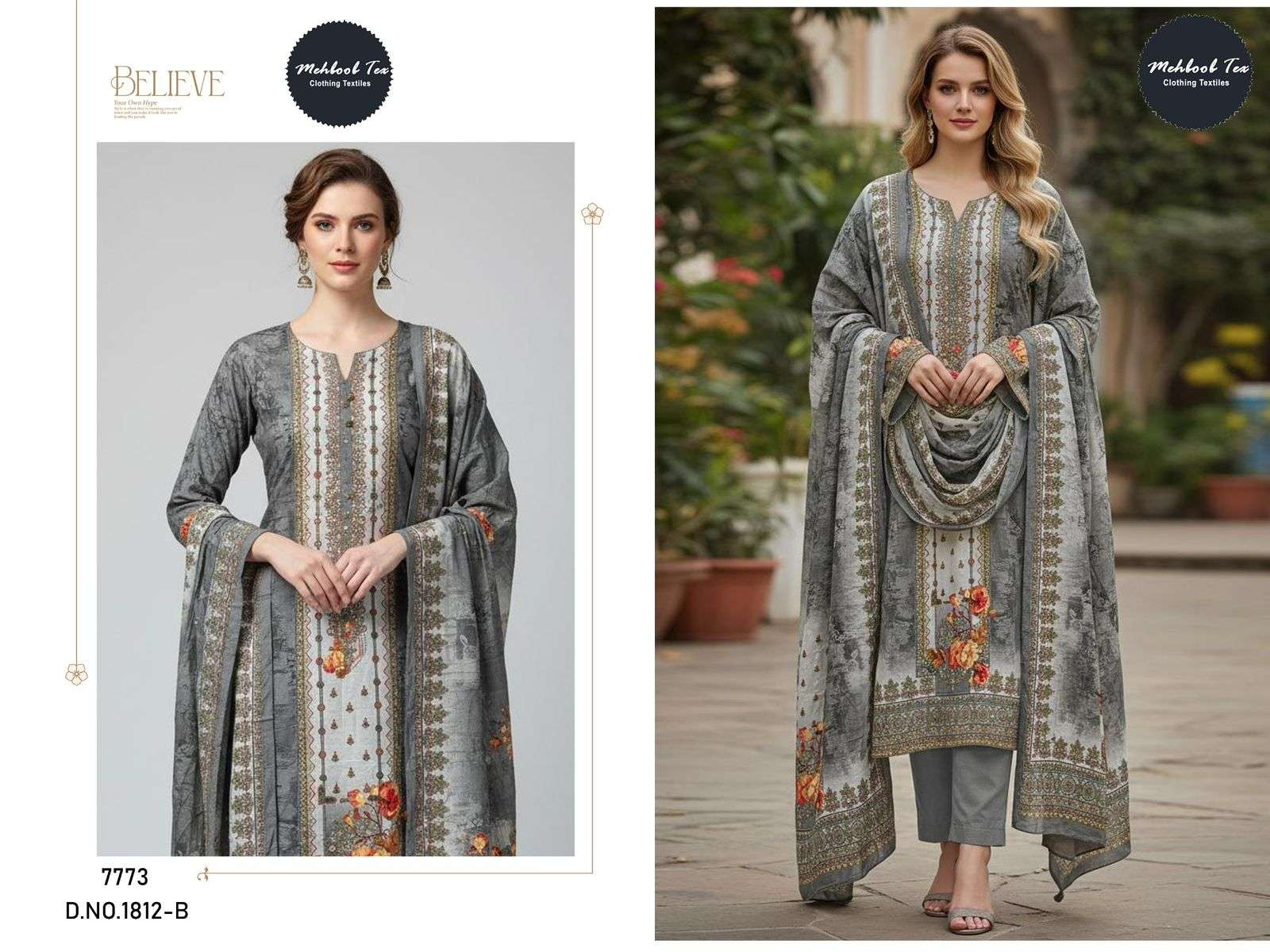 MEHBOOB TEX DESIGN NO - 1812 AB - 1813 AB PURE VISCOSE MUSLIN DIGITAL PRINT AARI HANDWORK PAKISTANI SUIT