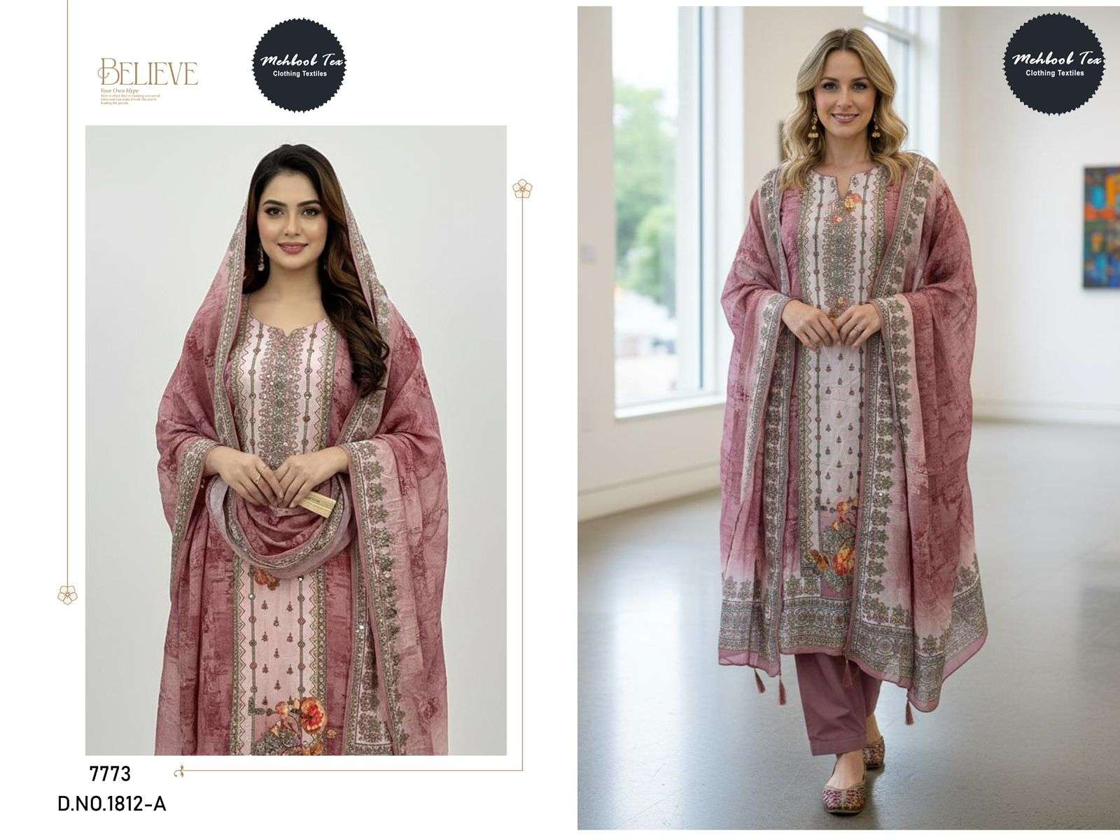 MEHBOOB TEX DESIGN NO - 1812 AB - 1813 AB PURE VISCOSE MUSLIN DIGITAL PRINT AARI HANDWORK PAKISTANI SUIT