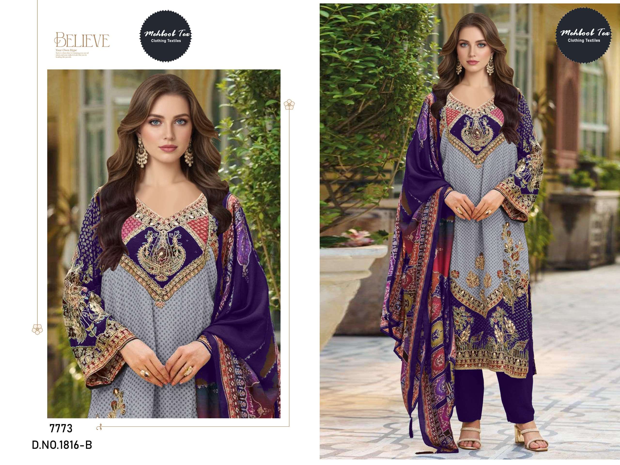 MEHBOOB TEX DESIGN NO - 1816 ABC PURE VISCOSE MUSLIN DIGITAL PRINT AARI HANDWORK PAKISTANI SUIT