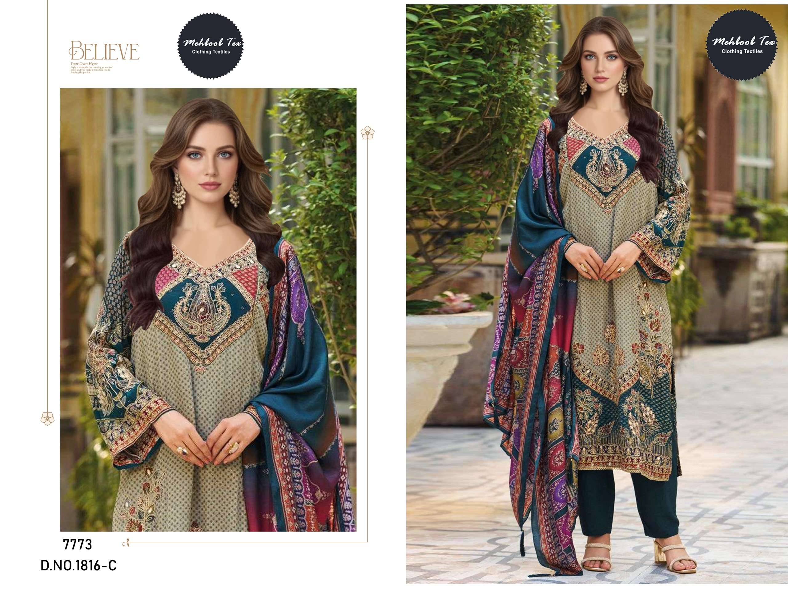 MEHBOOB TEX DESIGN NO - 1816 ABC PURE VISCOSE MUSLIN DIGITAL PRINT AARI HANDWORK PAKISTANI SUIT
