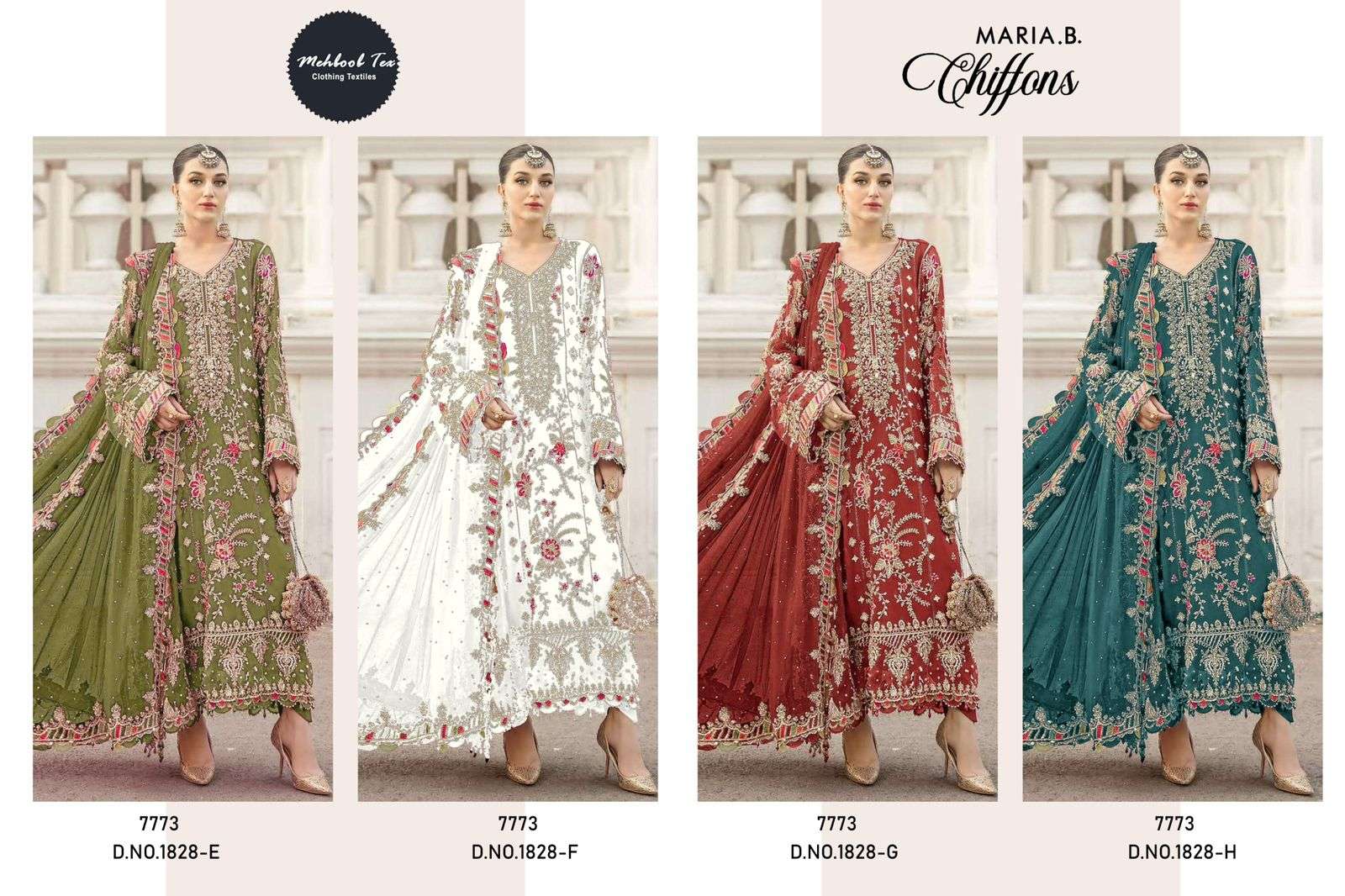 MEHBOOB TEX DESIGN NO - 1828 EFGH DINTING CHIFFON HEAVY EMBROIDERED PAKISTANI SUIT 