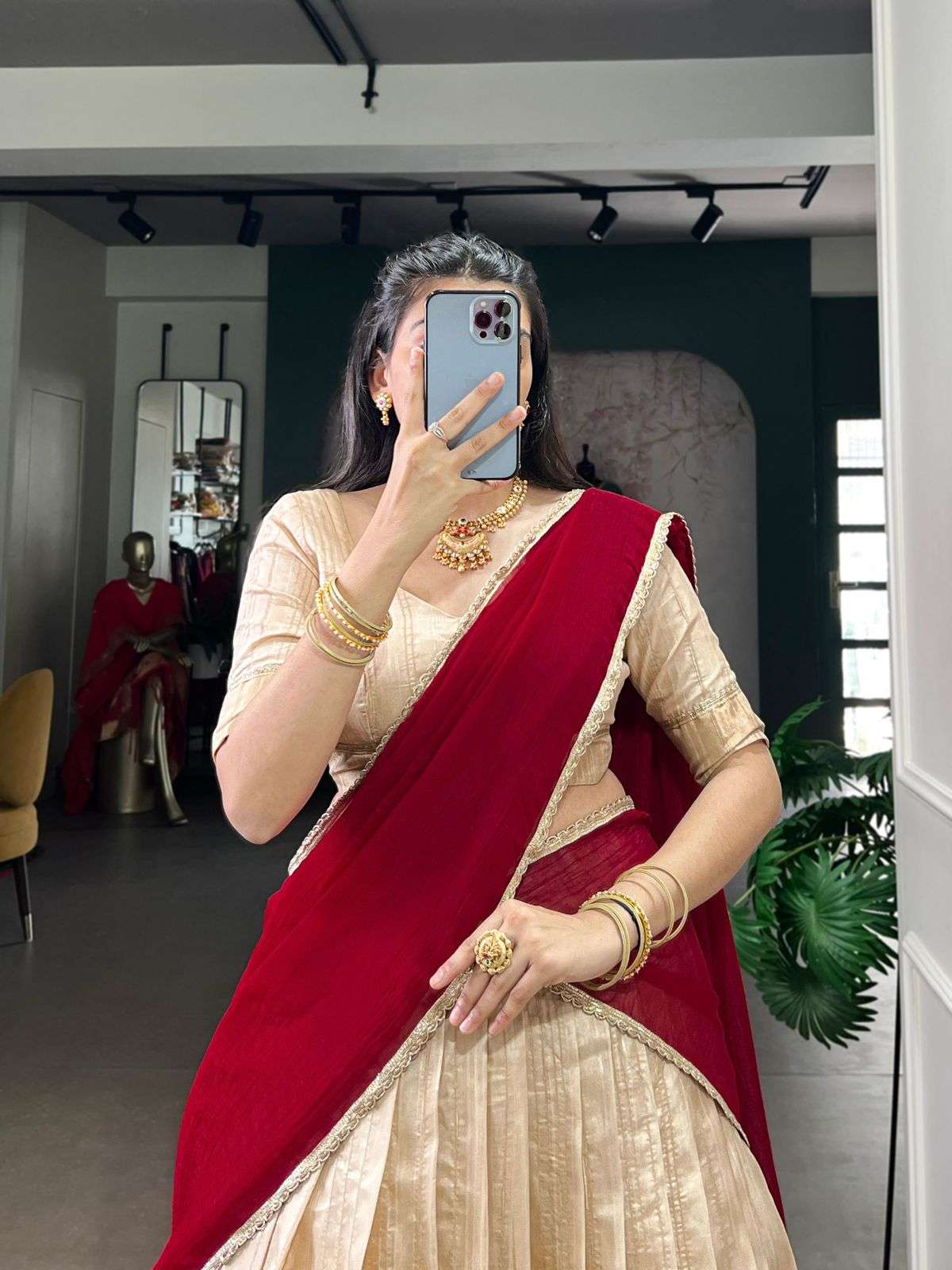 MF LNB1031CRM FANCY HANDLOOM COTTON GLOSSY LOOKS LEHENGA CHOLI 