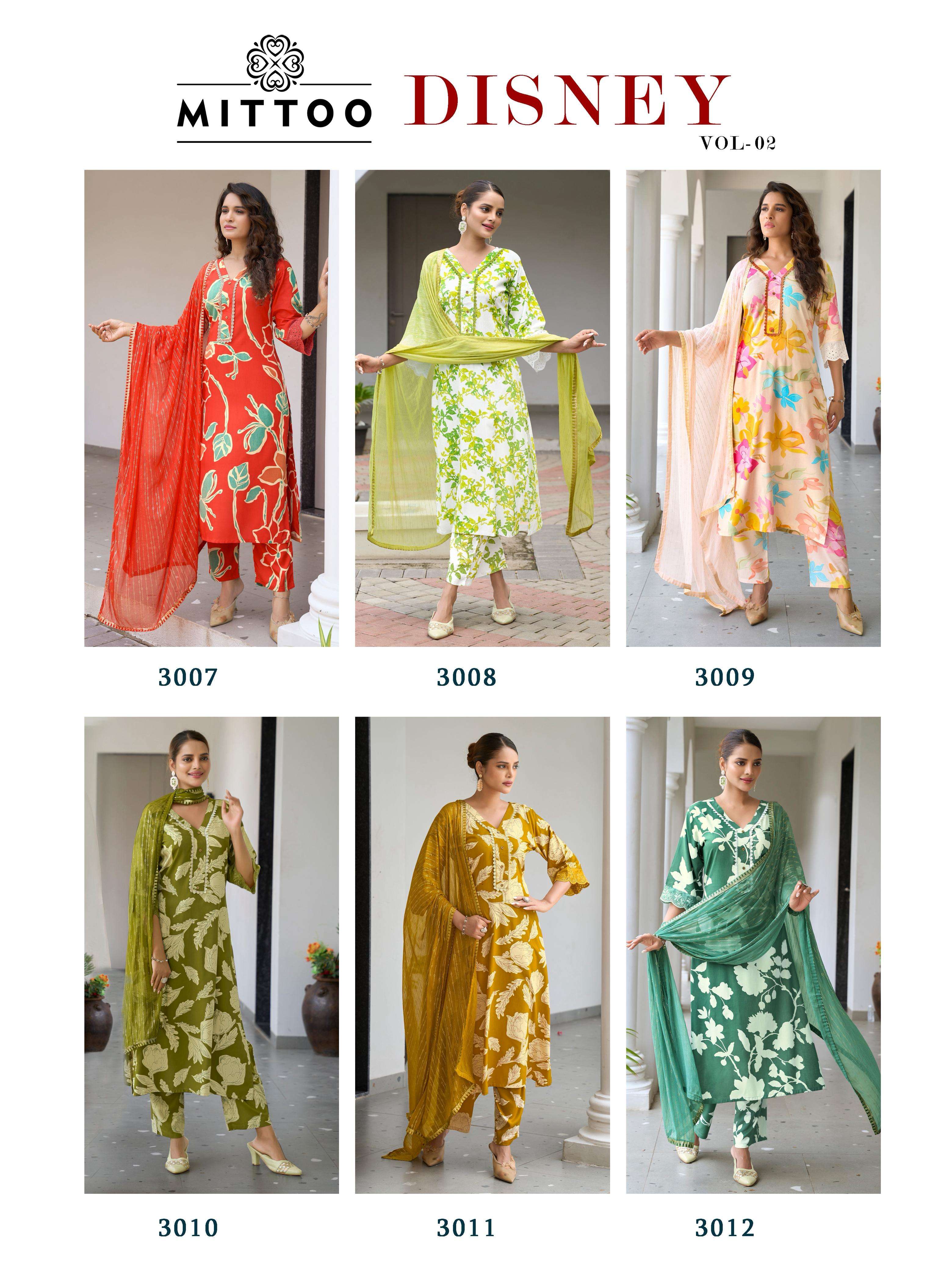 MITTOO DISNEY VOL 2 RAYON PRINT WITH FANCY WORK KURTI COMBO SET 