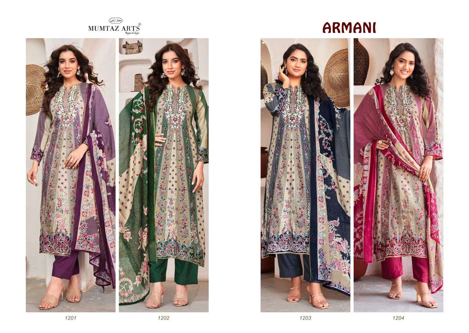MUMTAZ ARTS 4 PC COMBO SUIT COLLECTION VISCOSE DIGITAL PRINT WITH FANCY WORK SUIT