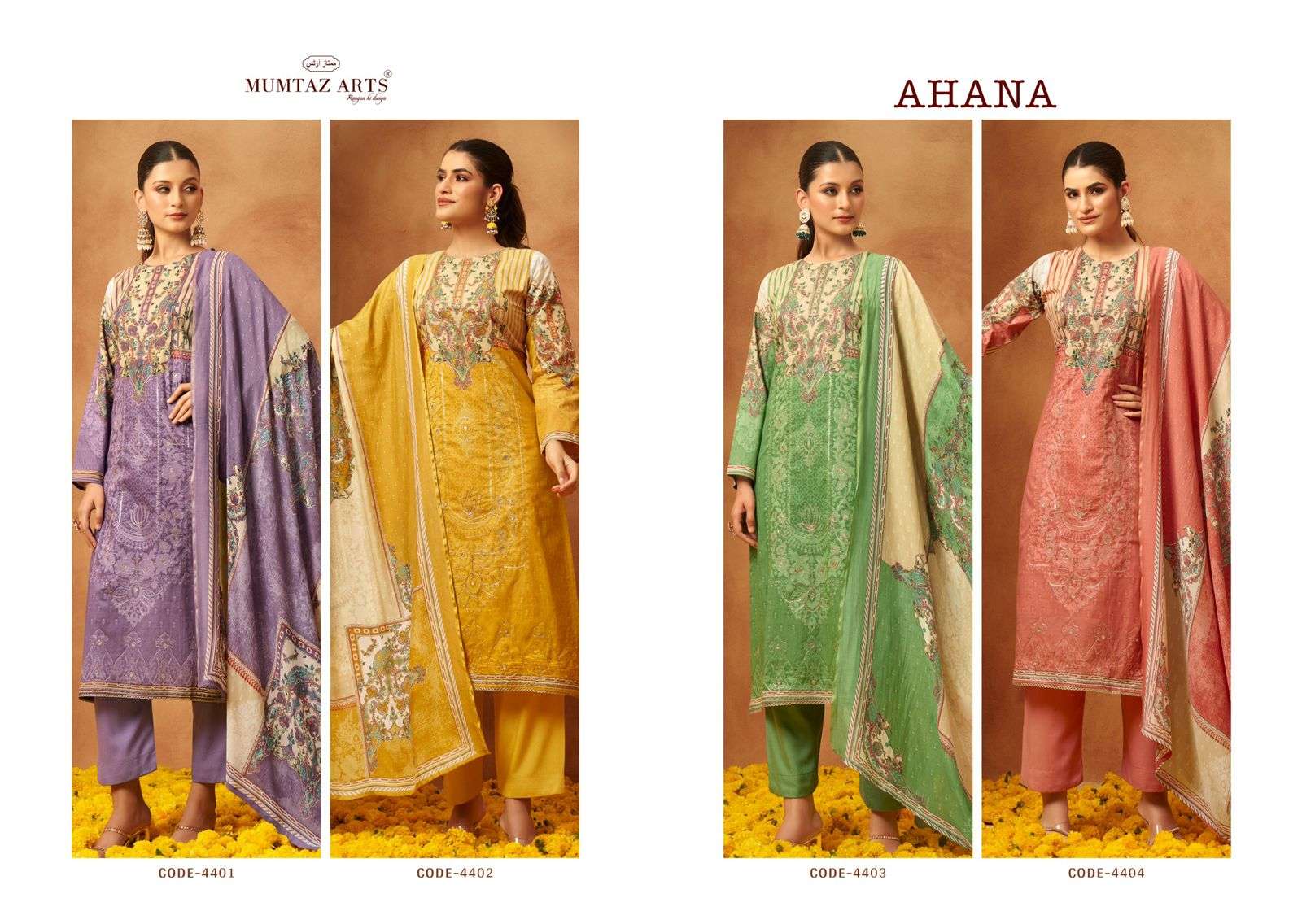 MUMTAZ ARTS 4 PC COMBO SUIT COLLECTION VISCOSE DIGITAL PRINT WITH FANCY WORK SUIT