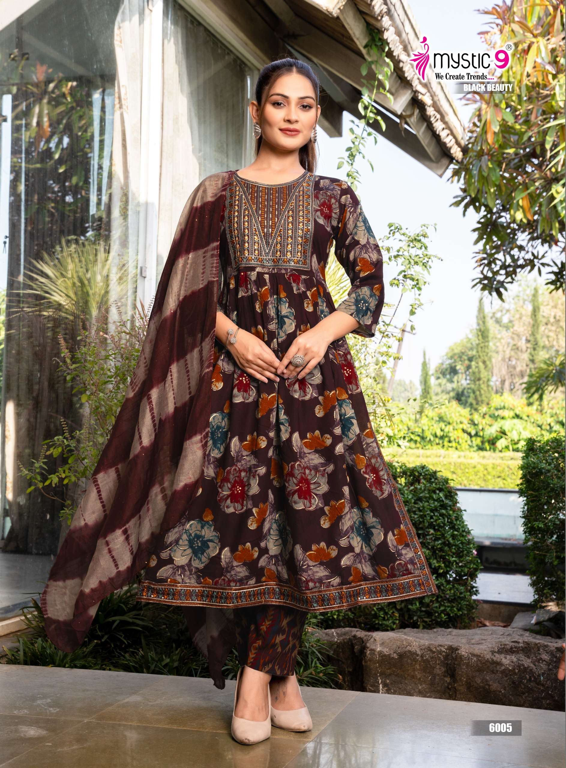 MYSTIC 9 BLACK BEAUTY VOL 6 NAIRA CUT STYLE FANCY KURTI BOTTOM AND DUPATTA 