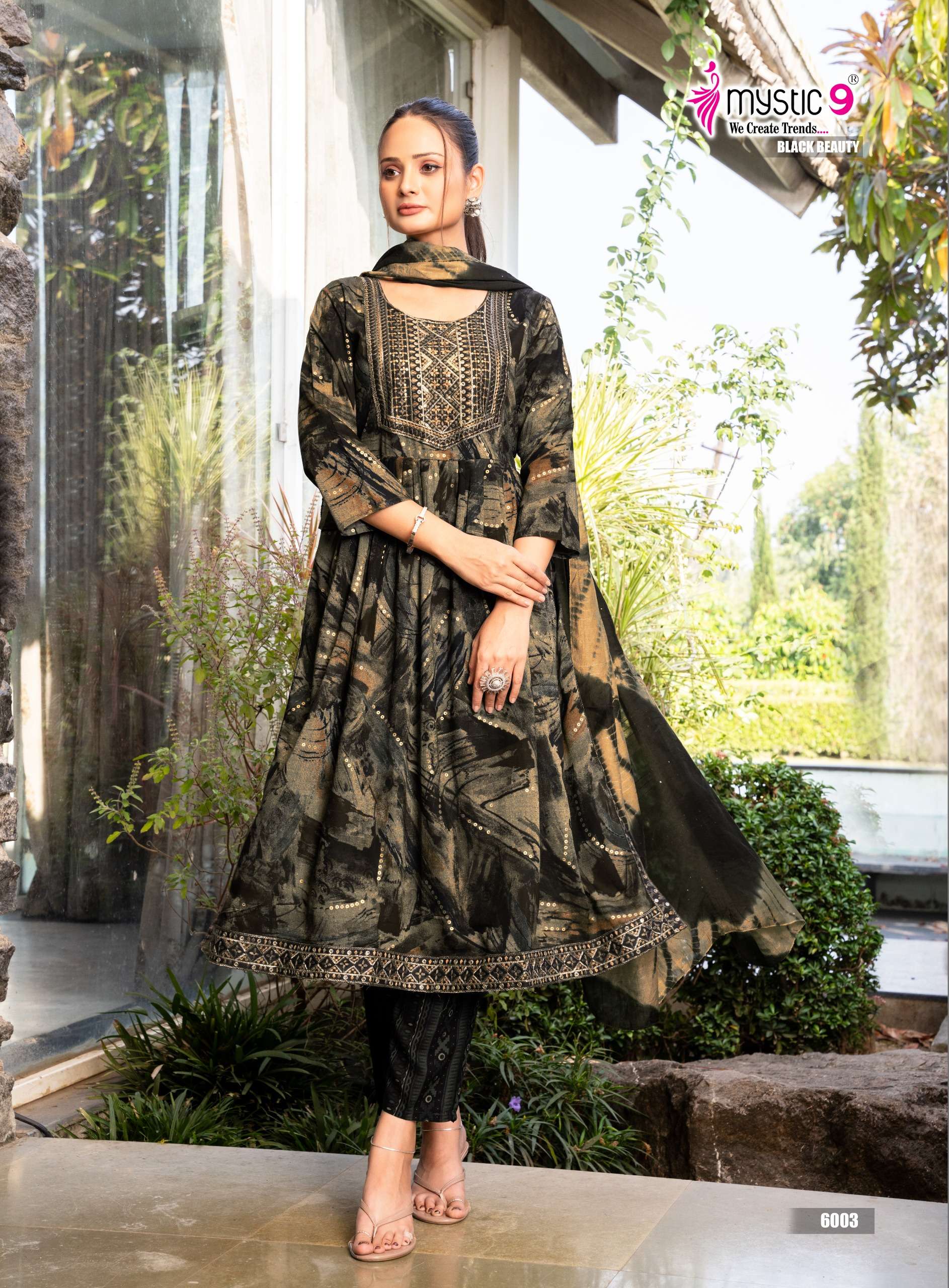 MYSTIC 9 BLACK BEAUTY VOL 6 NAIRA CUT STYLE FANCY KURTI BOTTOM AND DUPATTA 