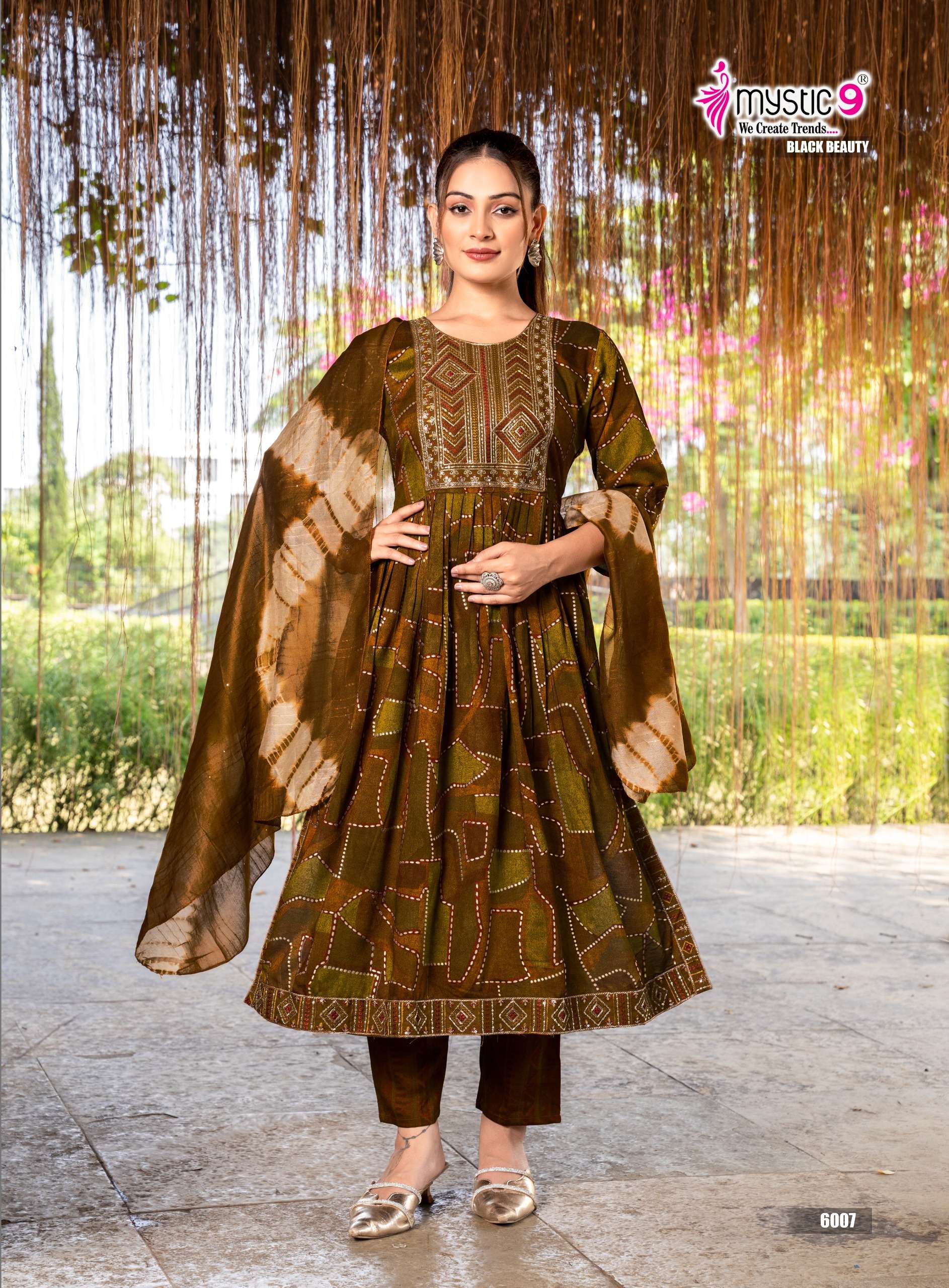 MYSTIC 9 BLACK BEAUTY VOL 6 NAIRA CUT STYLE FANCY KURTI BOTTOM AND DUPATTA 