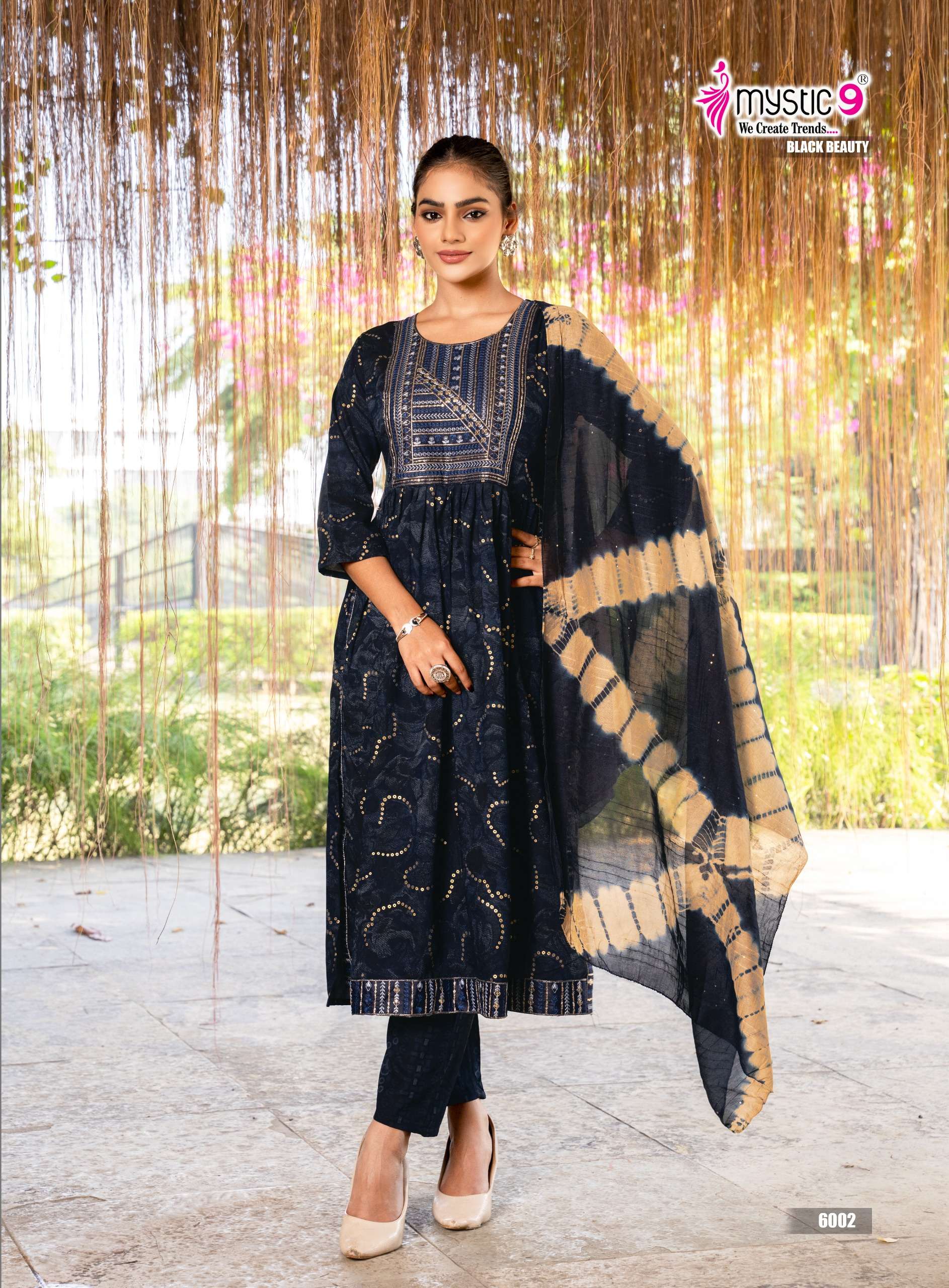 MYSTIC 9 BLACK BEAUTY VOL 6 NAIRA CUT STYLE FANCY KURTI BOTTOM AND DUPATTA 