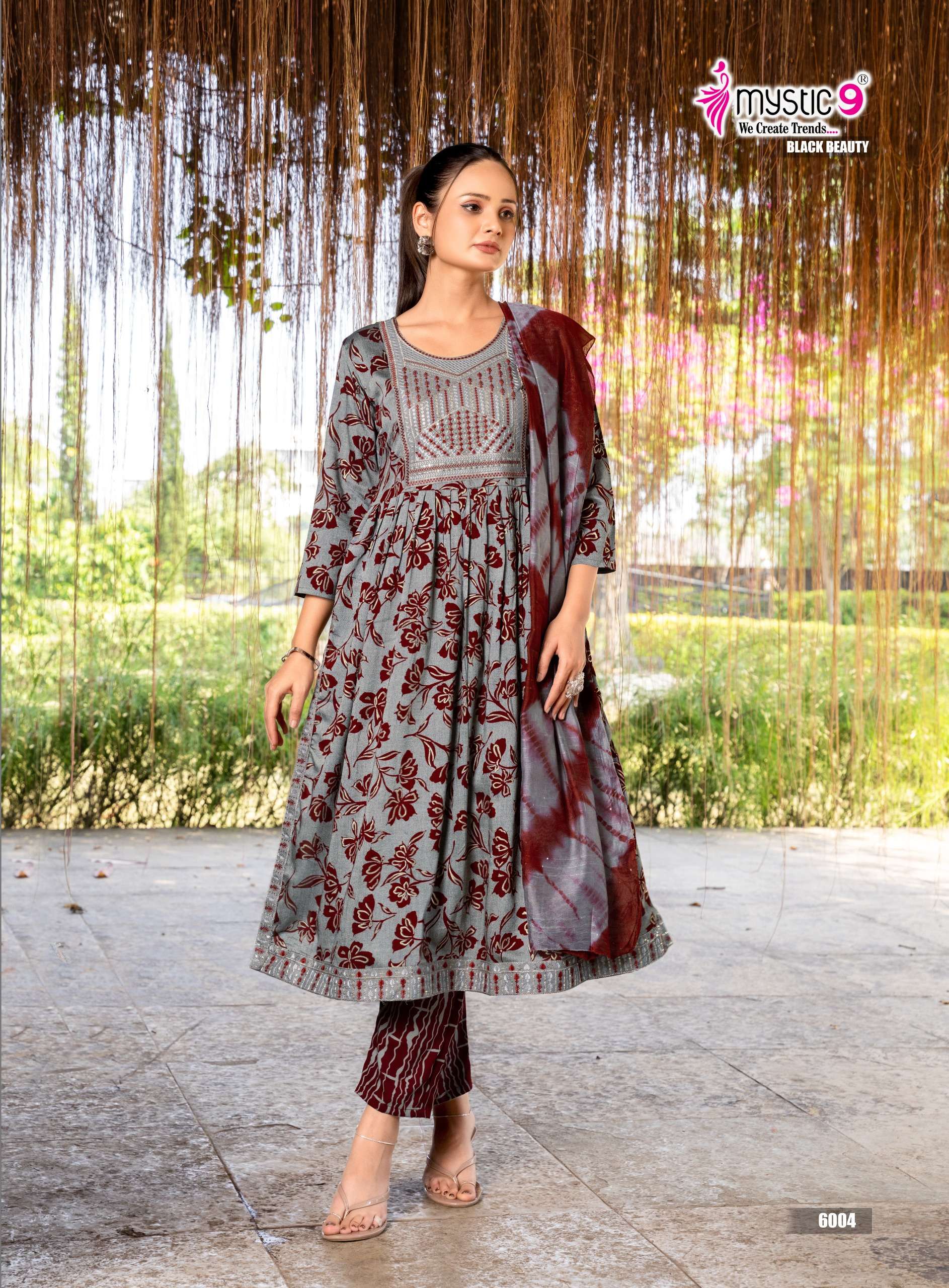 MYSTIC 9 BLACK BEAUTY VOL 6 NAIRA CUT STYLE FANCY KURTI BOTTOM AND DUPATTA 