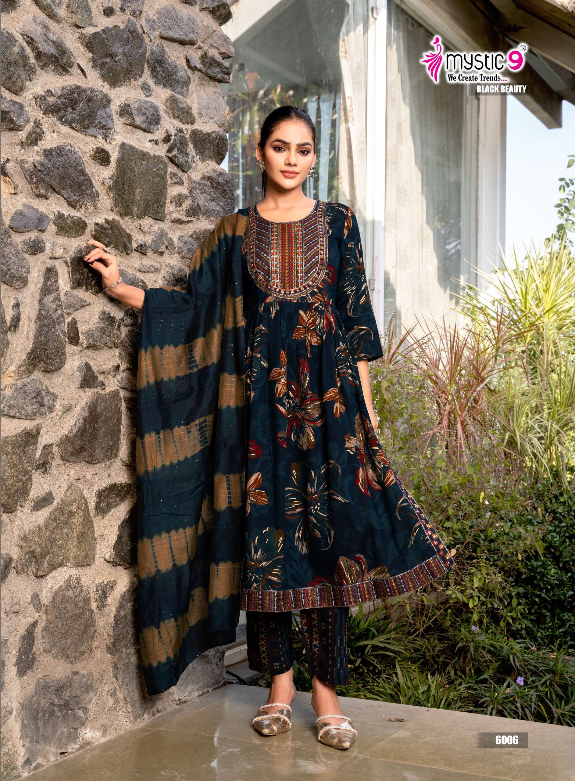 MYSTIC 9 BLACK BEAUTY VOL 6 NAIRA CUT STYLE FANCY KURTI BOTTOM AND DUPATTA 