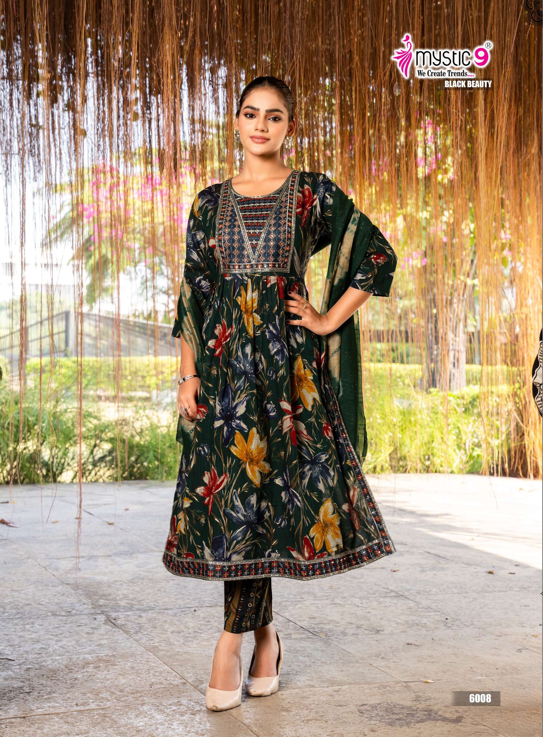 MYSTIC 9 BLACK BEAUTY VOL 6 NAIRA CUT STYLE FANCY KURTI BOTTOM AND DUPATTA 