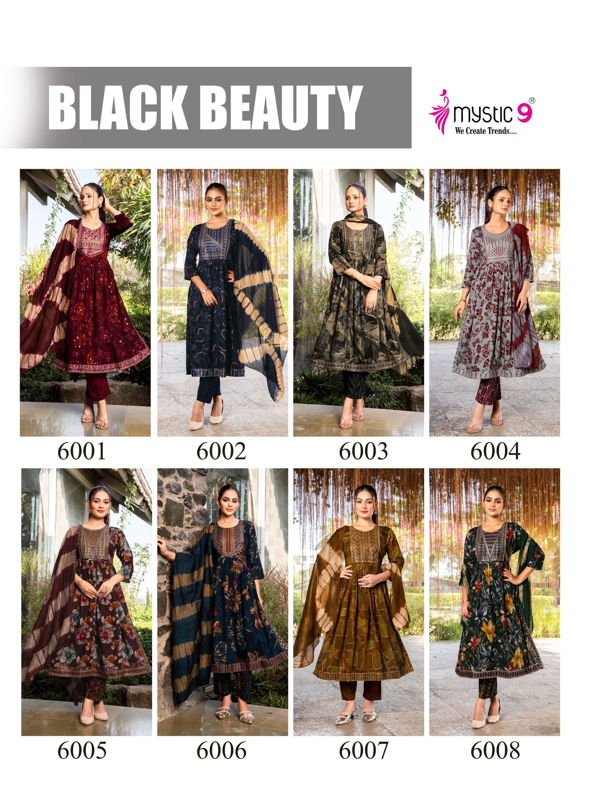 MYSTIC 9 BLACK BEAUTY VOL 6 NAIRA CUT STYLE FANCY KURTI BOTTOM AND DUPATTA 