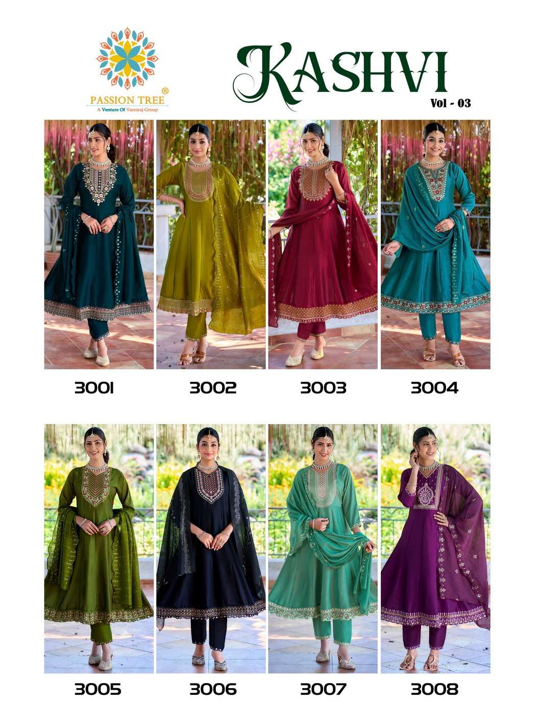 PASSION TREE KASHVI VOL 3 SILK DESIGNER FANCY ANARKALI STYLE LADIES KURTI WITH BOTTOM AND DUPATTA SET 