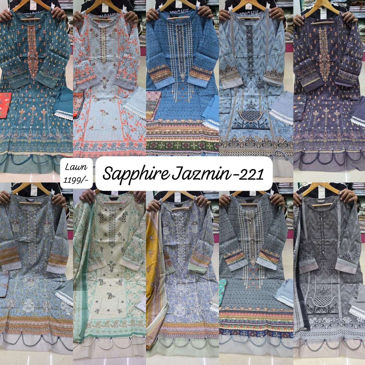 SAPPHIRE JAZMIN VOL 221 LAWN COTTON FANCY DESIGNER WORK PAKISTANI SALWAR KAMEEZ 