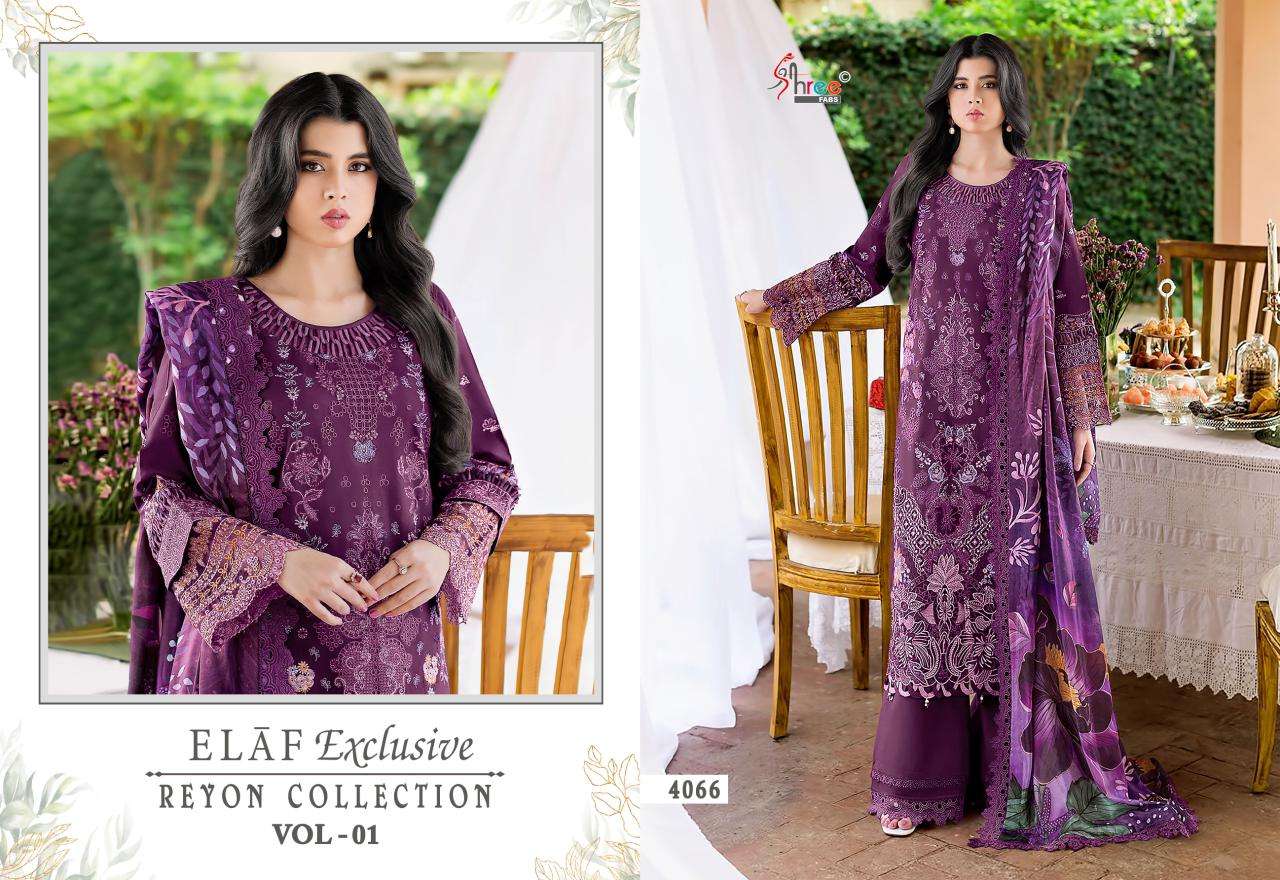 SHREE FABS ELAF EXCLUSIVE RAYON COLLECTION VOL 1 EMBROIDERY DESIGNER SUIT