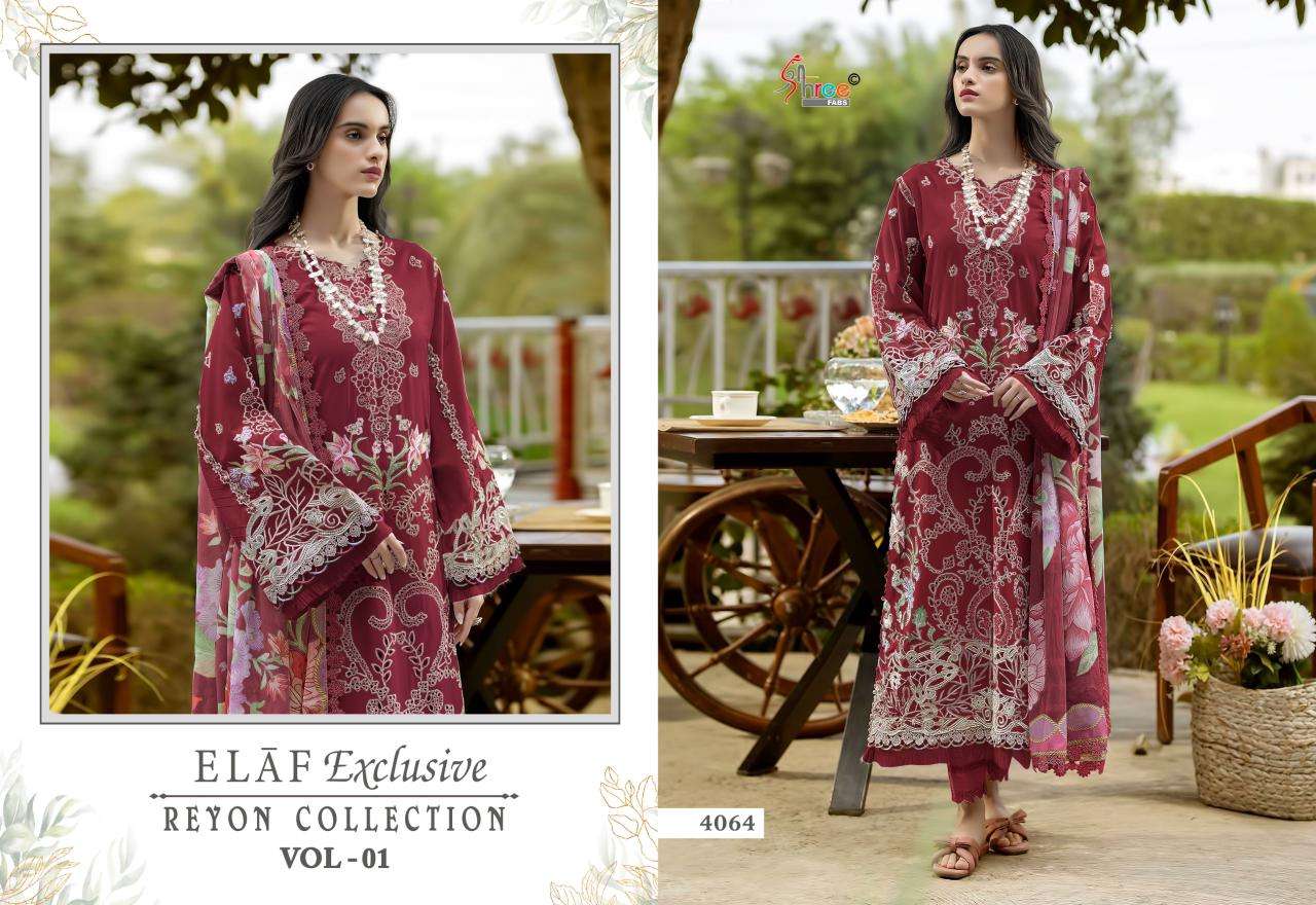 SHREE FABS ELAF EXCLUSIVE RAYON COLLECTION VOL 1 EMBROIDERY DESIGNER SUIT