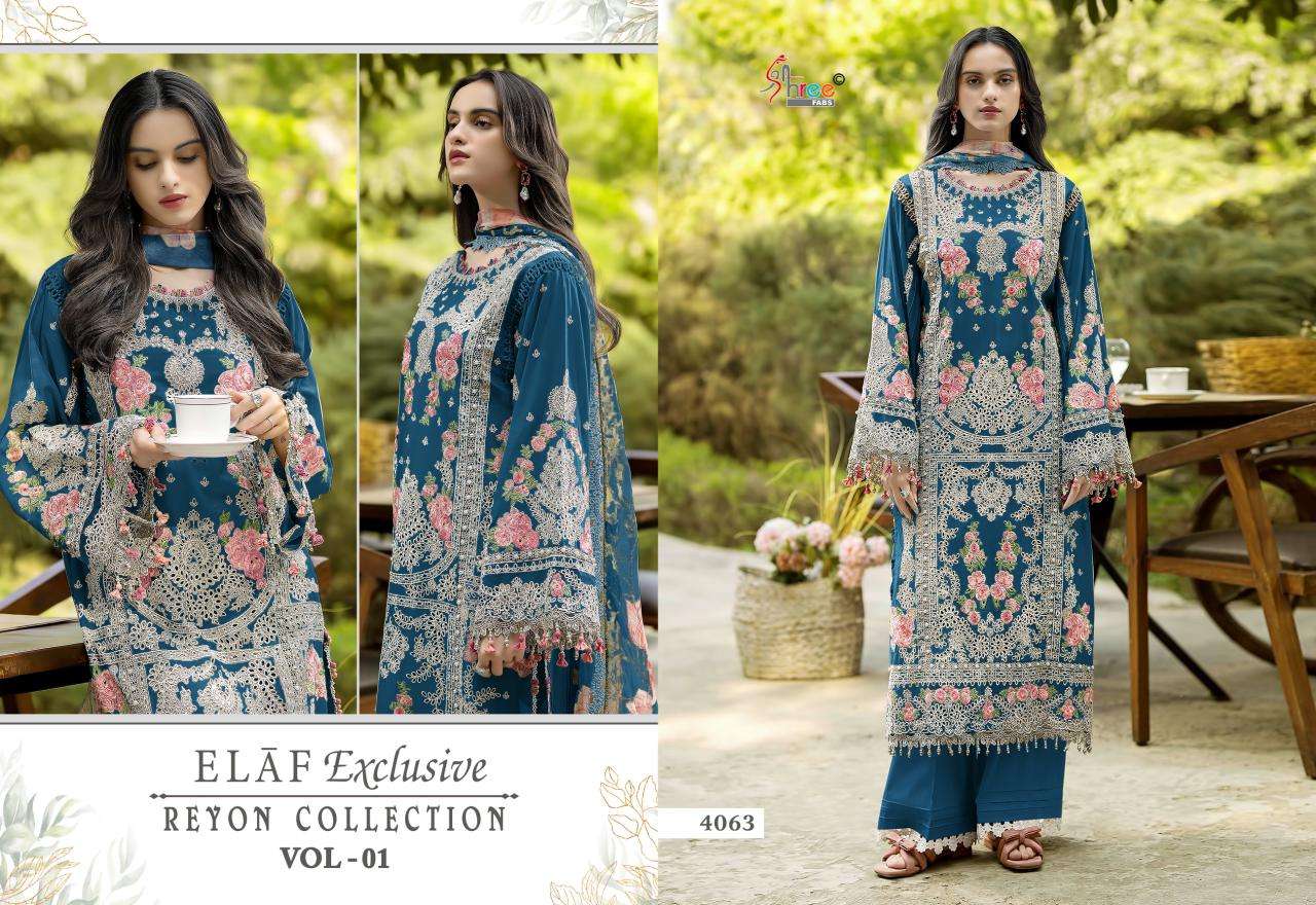 SHREE FABS ELAF EXCLUSIVE RAYON COLLECTION VOL 1 EMBROIDERY DESIGNER SUIT