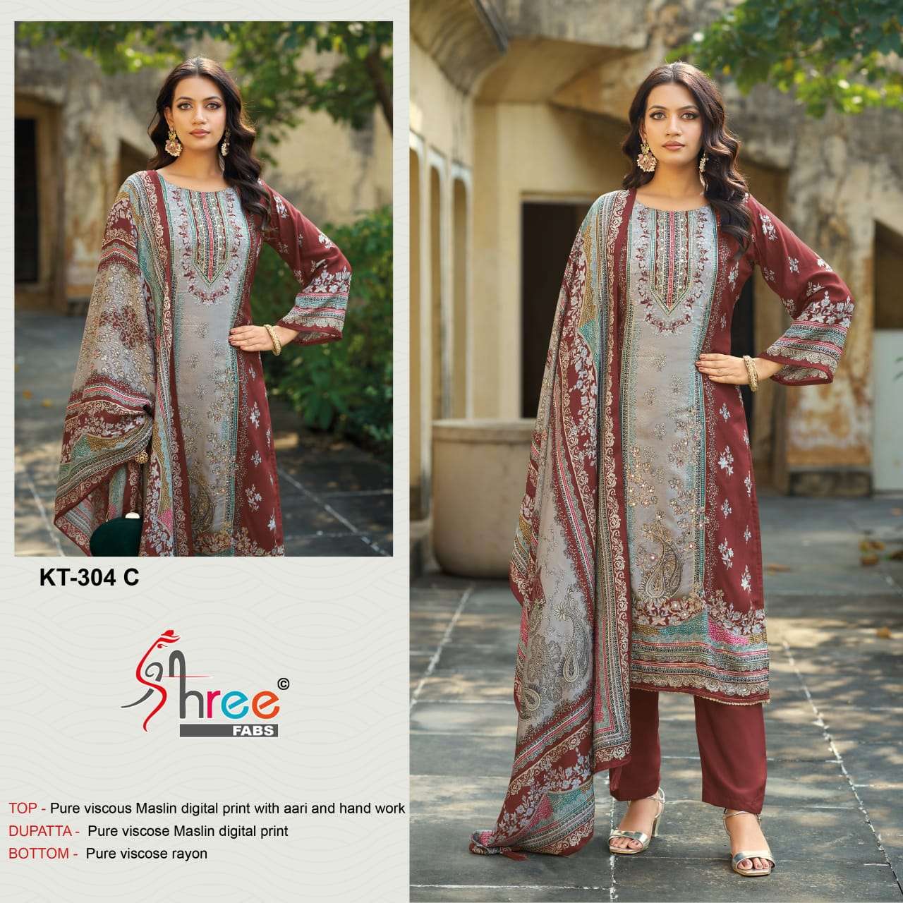 SHREE FABS KT 304 VISCOSE DIGITAL PRINT WITH DESIGNER WORK SUIT