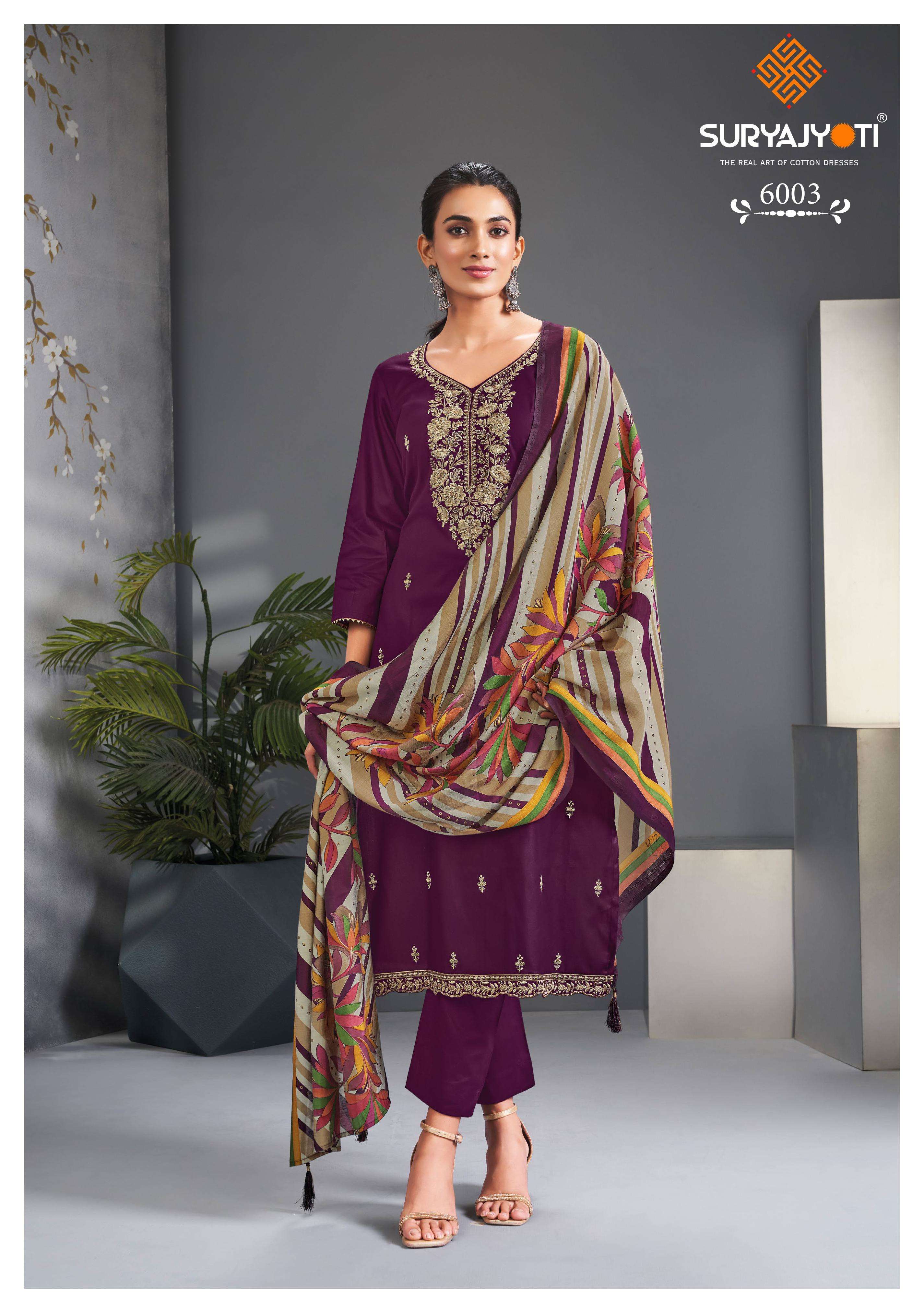 SURYAJYOTI PASHAN VOL 6 JAM SATIN PRINT WITH FANCY EMBROIDERY WORK SUIT
