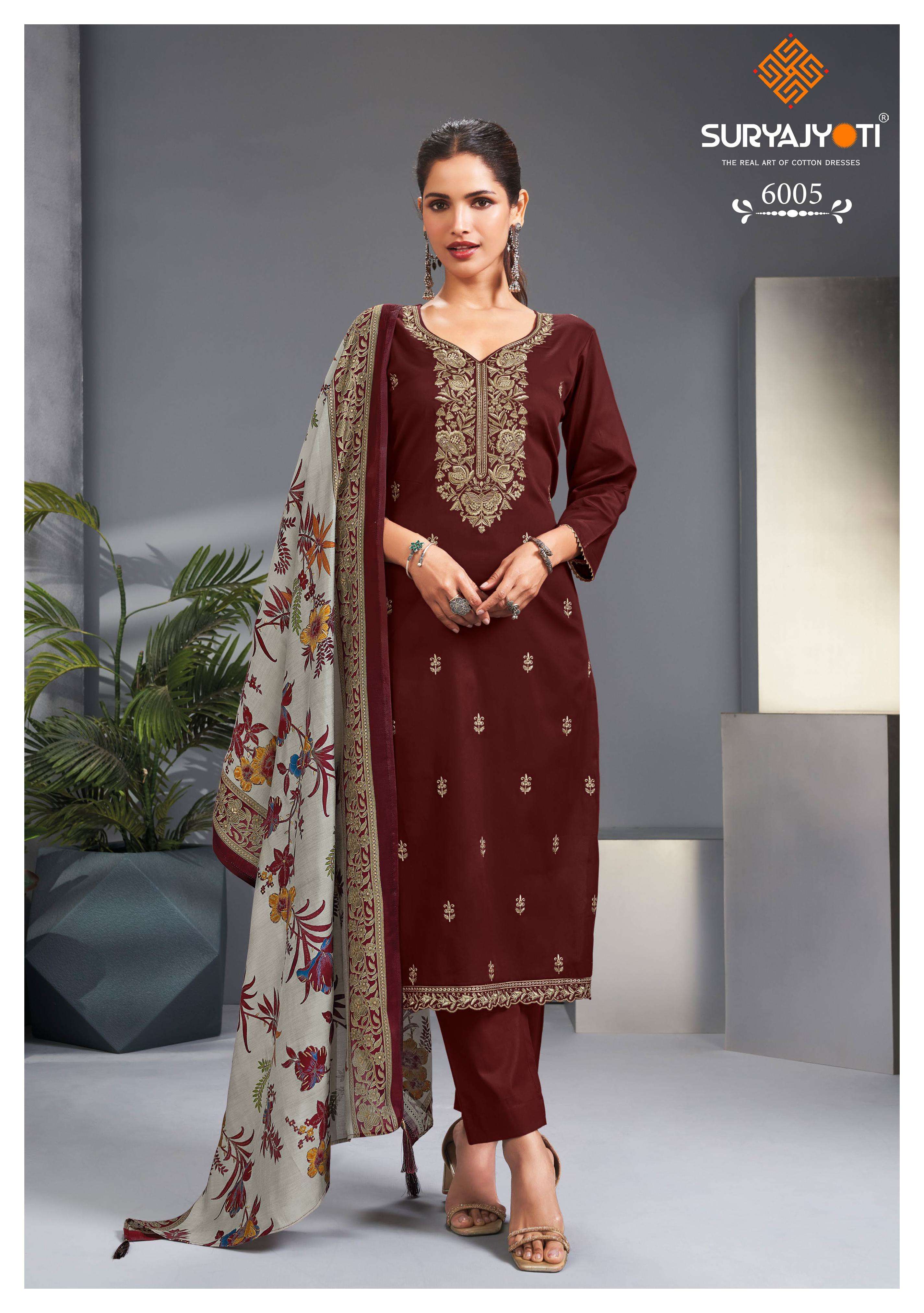 SURYAJYOTI PASHAN VOL 6 JAM SATIN PRINT WITH FANCY EMBROIDERY WORK SUIT