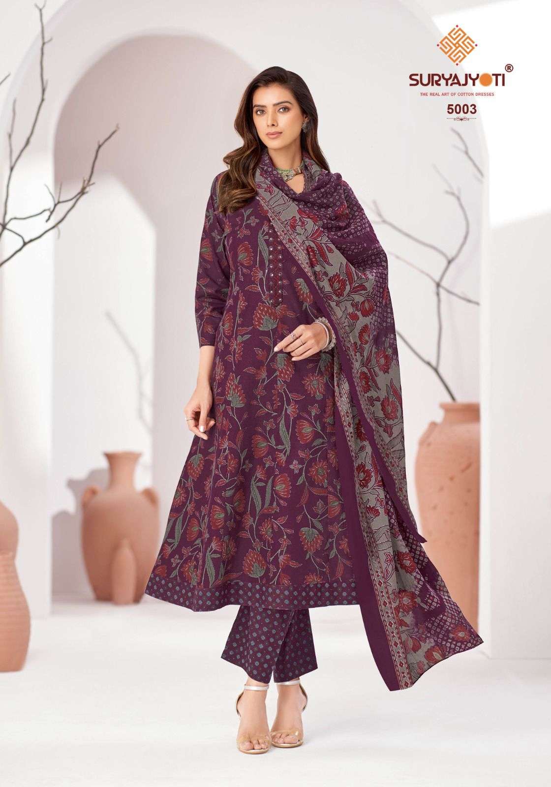SURYAJYOTI RASHMIKA VOL 5 COTTON ANARKALI STYLE KURTI BOTTOM AND DUPATTA 