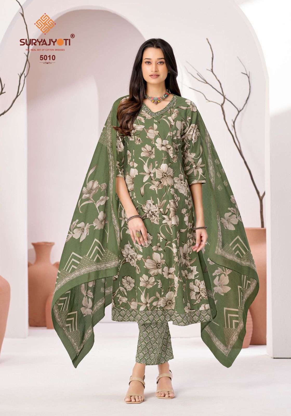 SURYAJYOTI RASHMIKA VOL 5 COTTON ANARKALI STYLE KURTI BOTTOM AND DUPATTA 