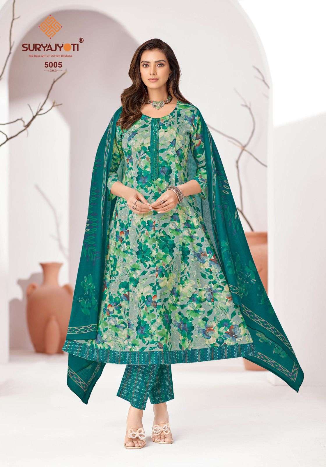 SURYAJYOTI RASHMIKA VOL 5 COTTON ANARKALI STYLE KURTI BOTTOM AND DUPATTA 