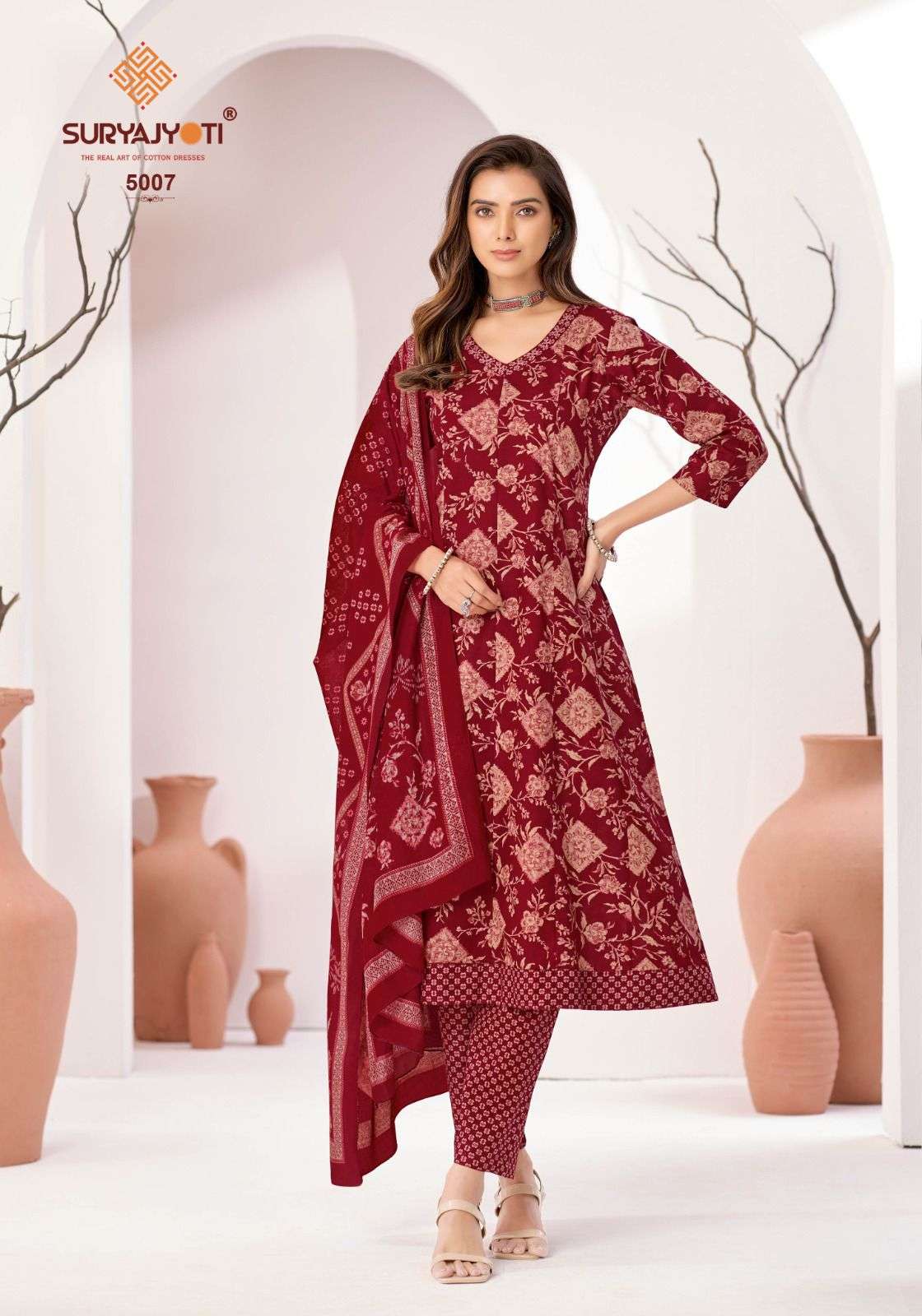 SURYAJYOTI RASHMIKA VOL 5 COTTON ANARKALI STYLE KURTI BOTTOM AND DUPATTA 