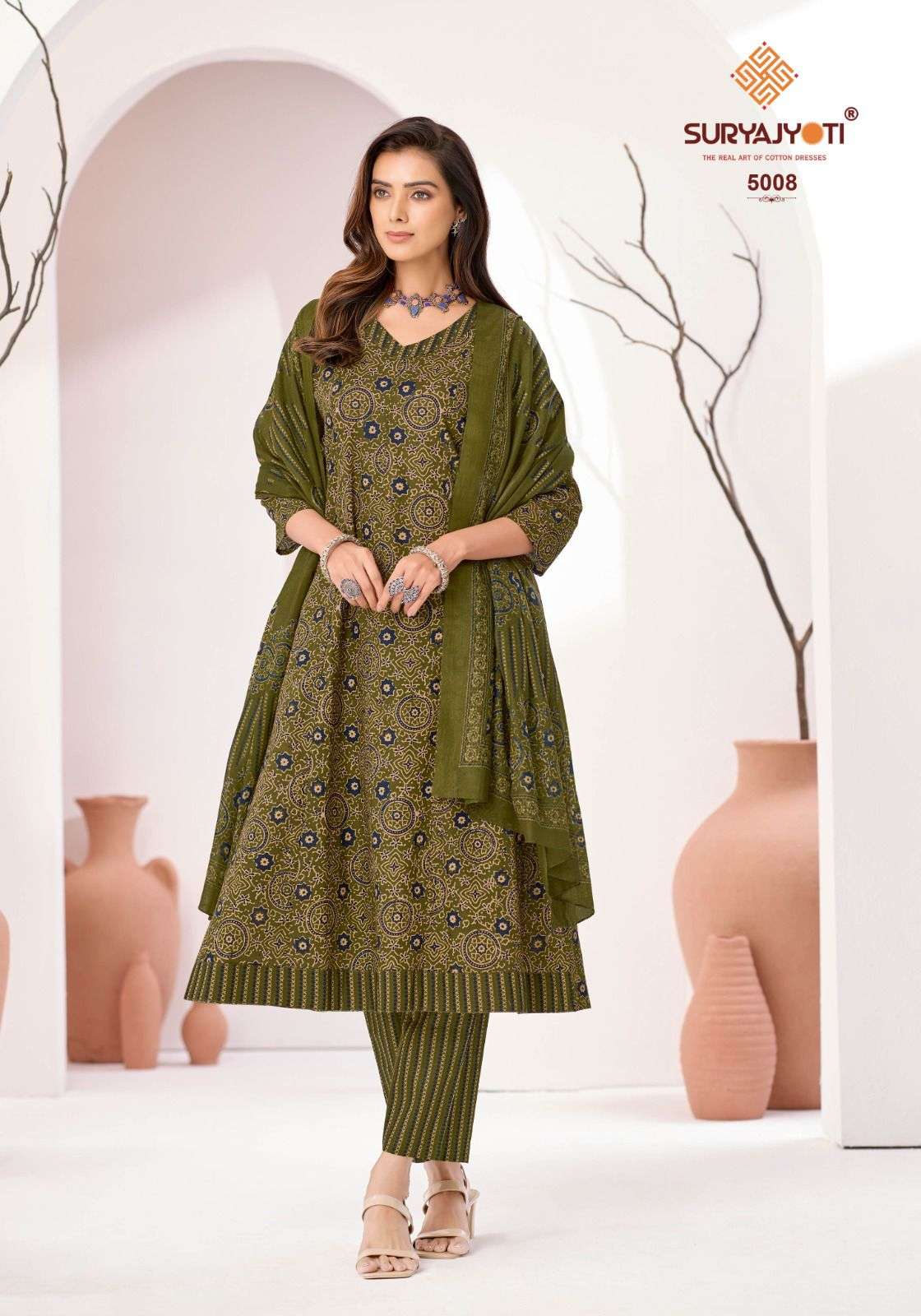SURYAJYOTI RASHMIKA VOL 5 COTTON ANARKALI STYLE KURTI BOTTOM AND DUPATTA 