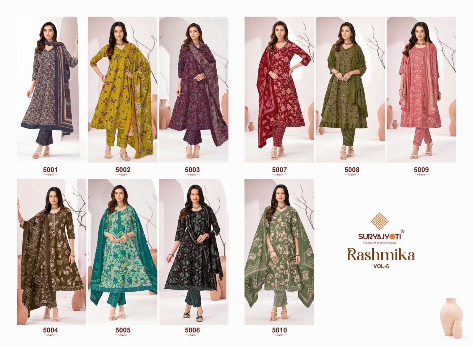 SURYAJYOTI RASHMIKA VOL 5 COTTON ANARKALI STYLE KURTI BOTTOM AND DUPATTA 