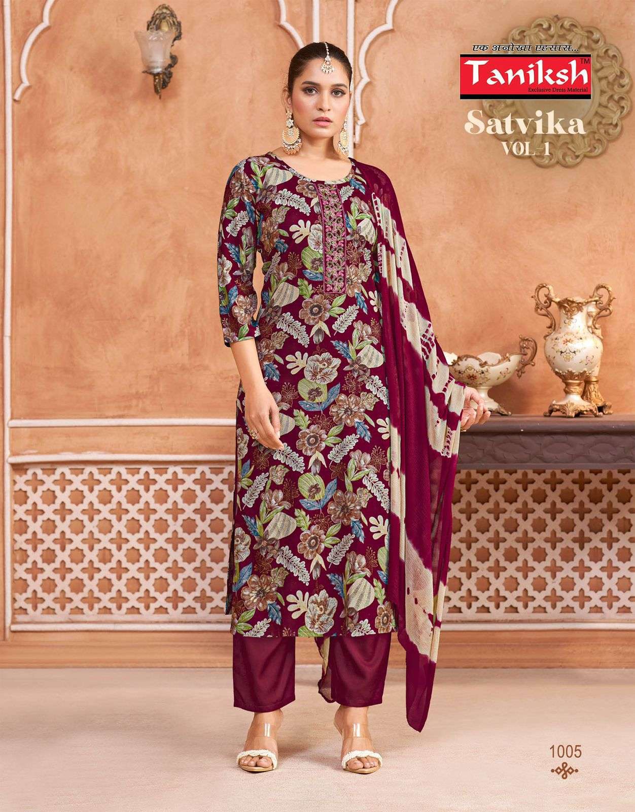 TANIKSH SATVIKA VOL 1 RAYON FANCY PRINT KURTI BOTTOM AND DUPATTA 