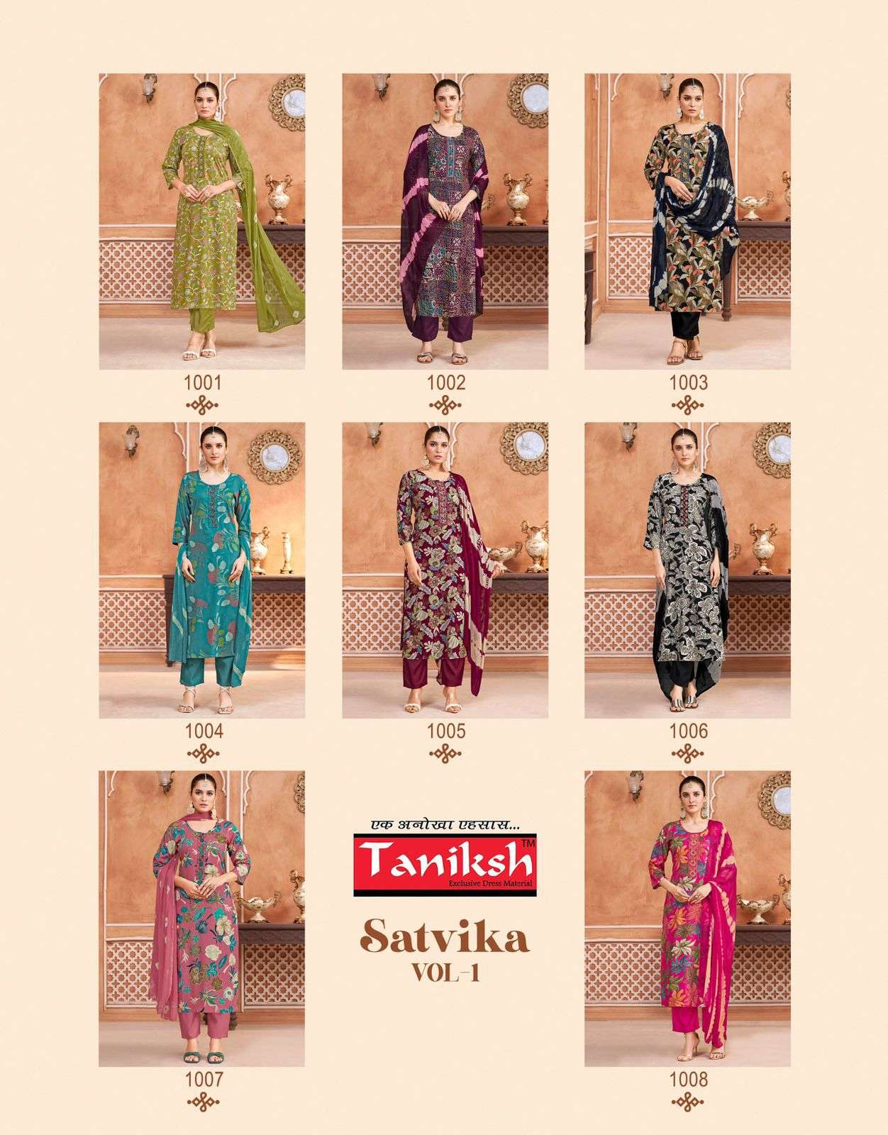 TANIKSH SATVIKA VOL 1 RAYON FANCY PRINT KURTI BOTTOM AND DUPATTA 