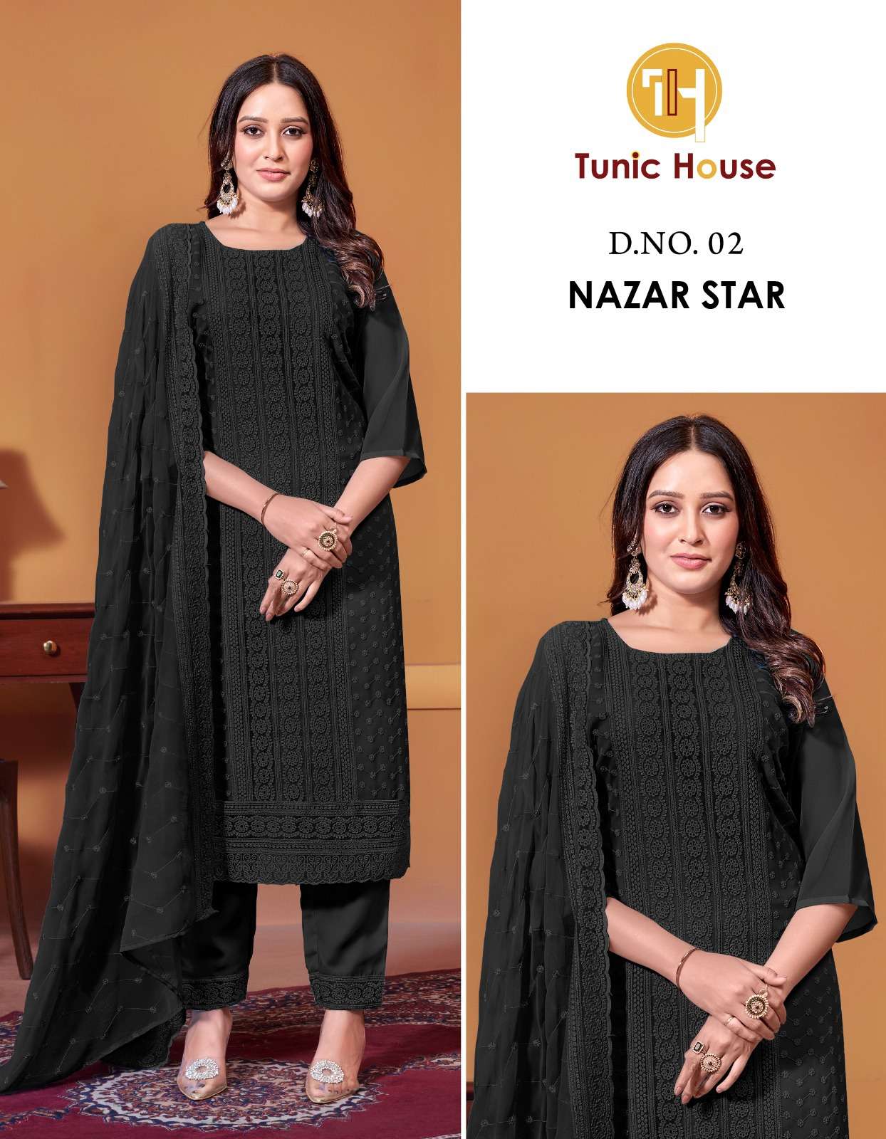 TUNIC HOUSE NAZAR STAR GEORGETTE CHIKANKARI KURTI WITH BOTTOM AND DUPATTA 