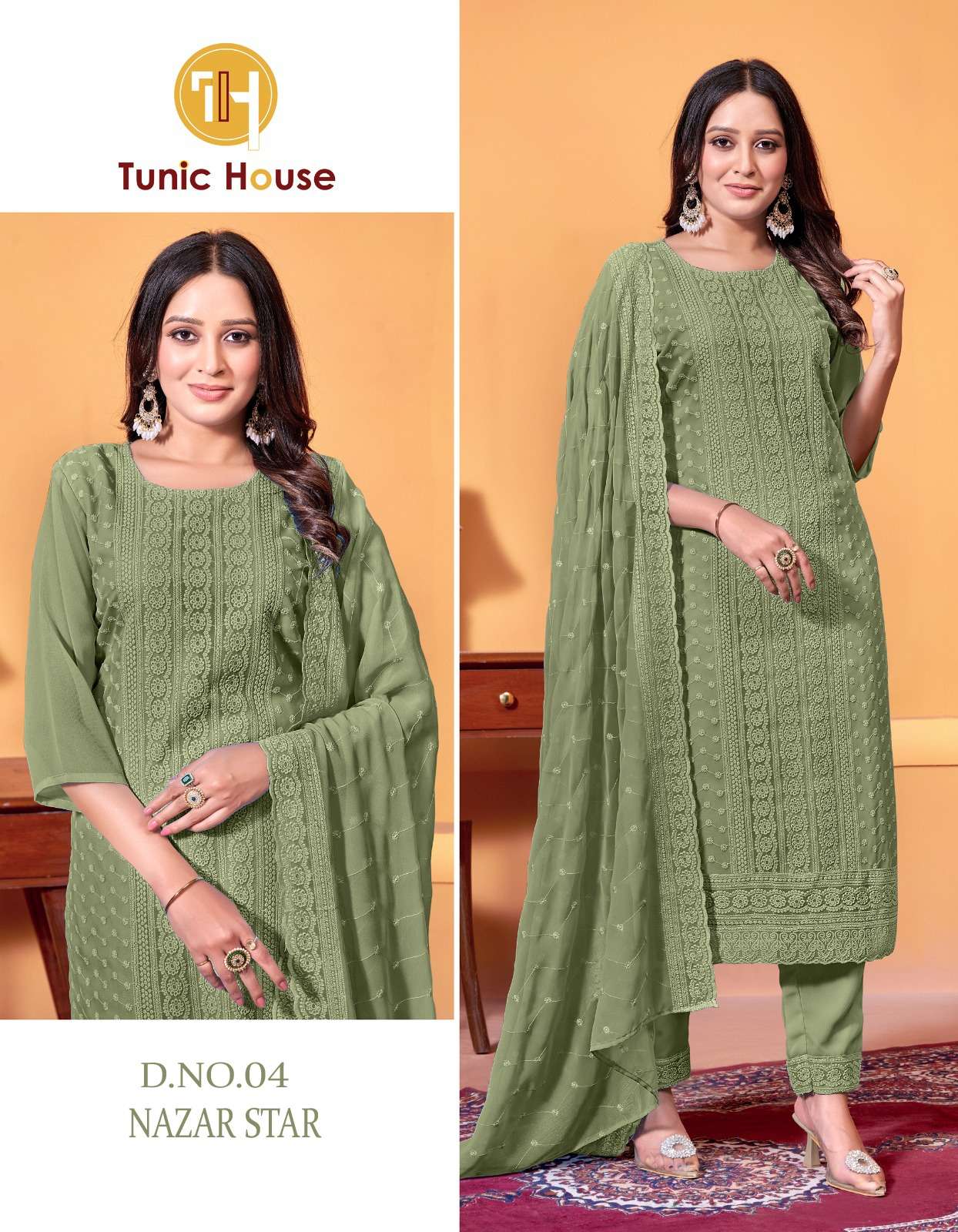 TUNIC HOUSE NAZAR STAR GEORGETTE CHIKANKARI KURTI WITH BOTTOM AND DUPATTA 