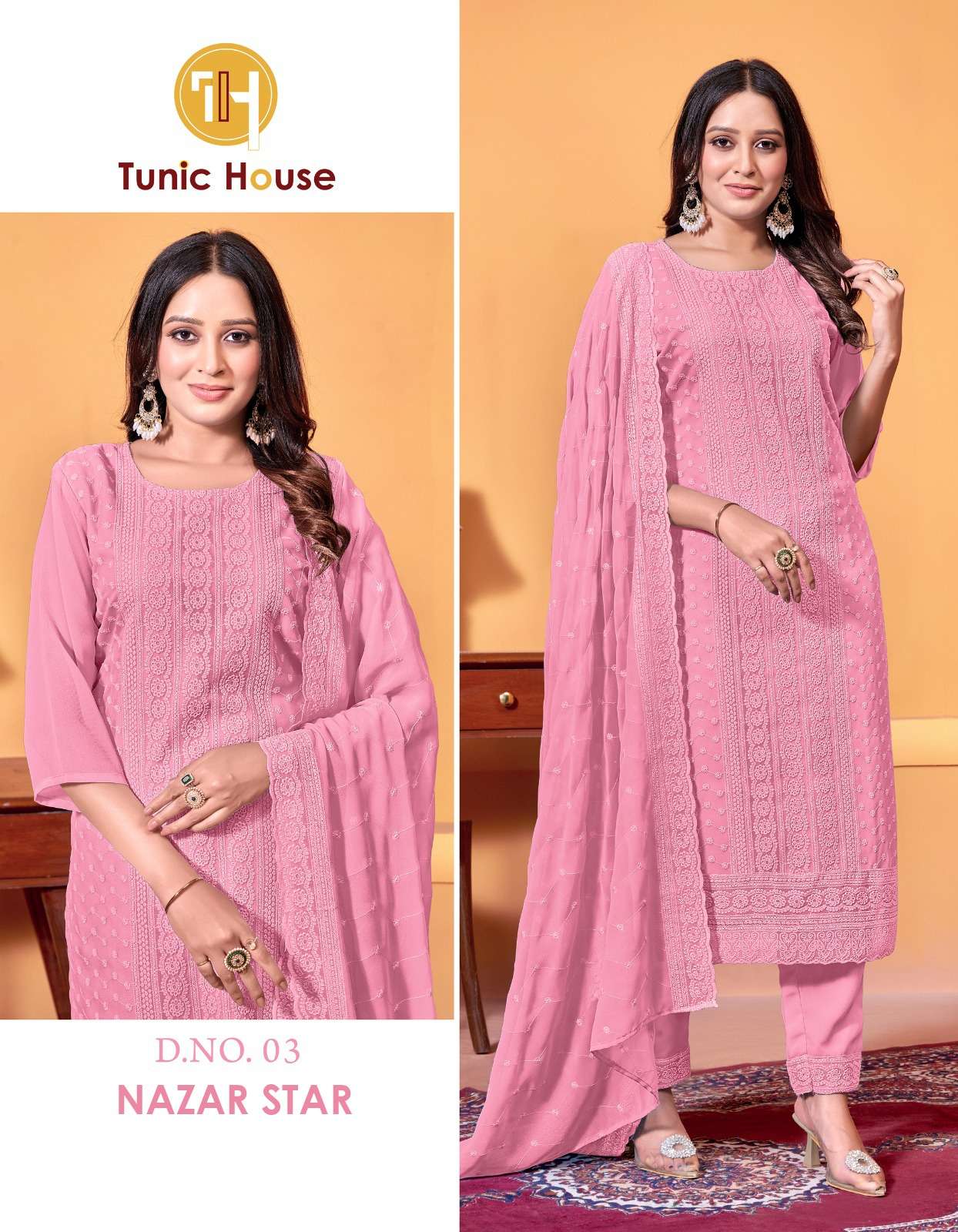 TUNIC HOUSE NAZAR STAR GEORGETTE CHIKANKARI KURTI WITH BOTTOM AND DUPATTA 