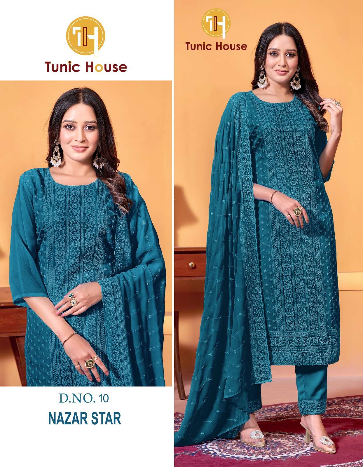 TUNIC HOUSE NAZAR STAR GEORGETTE CHIKANKARI KURTI WITH BOTTOM AND DUPATTA 