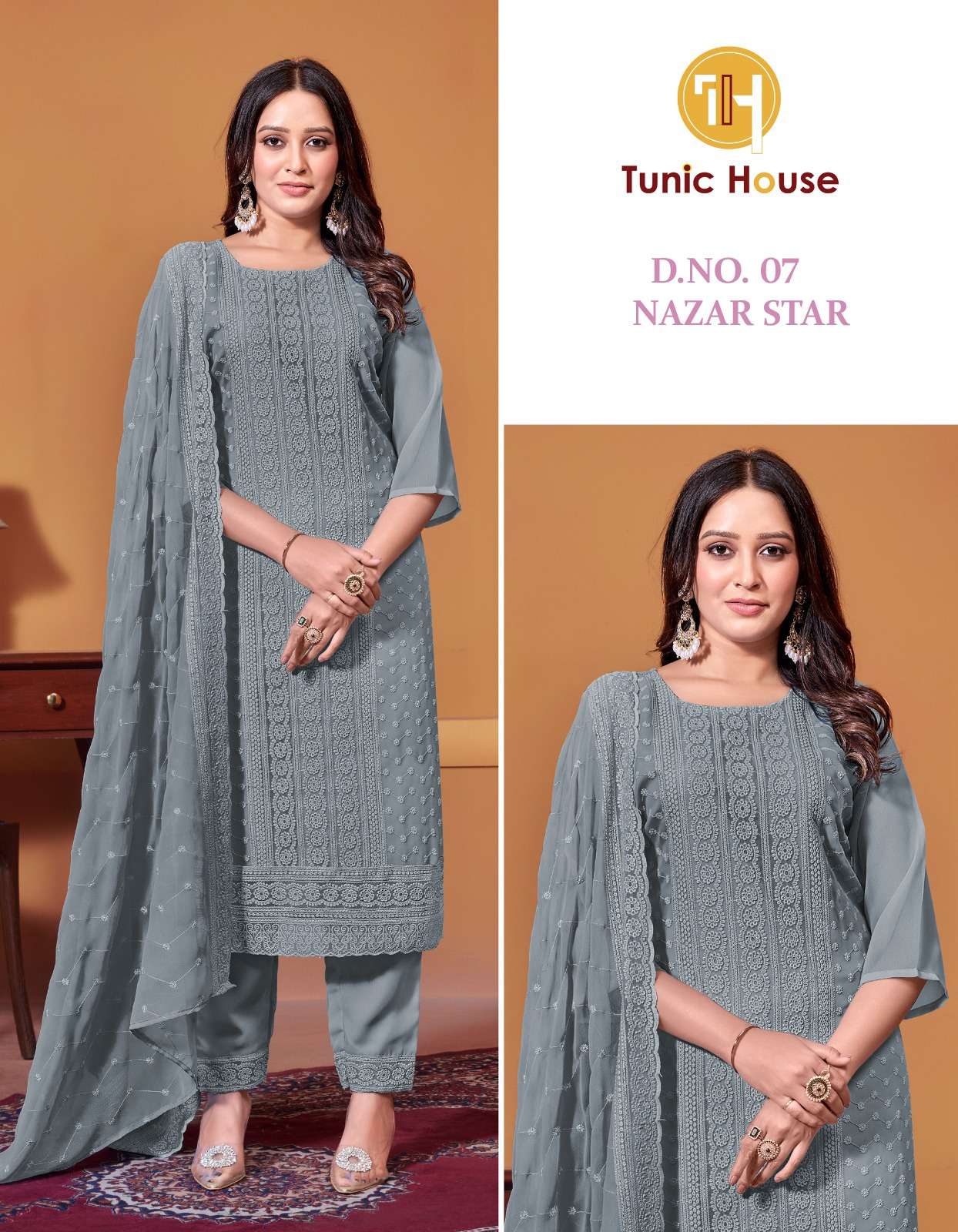 TUNIC HOUSE NAZAR STAR GEORGETTE CHIKANKARI KURTI WITH BOTTOM AND DUPATTA 