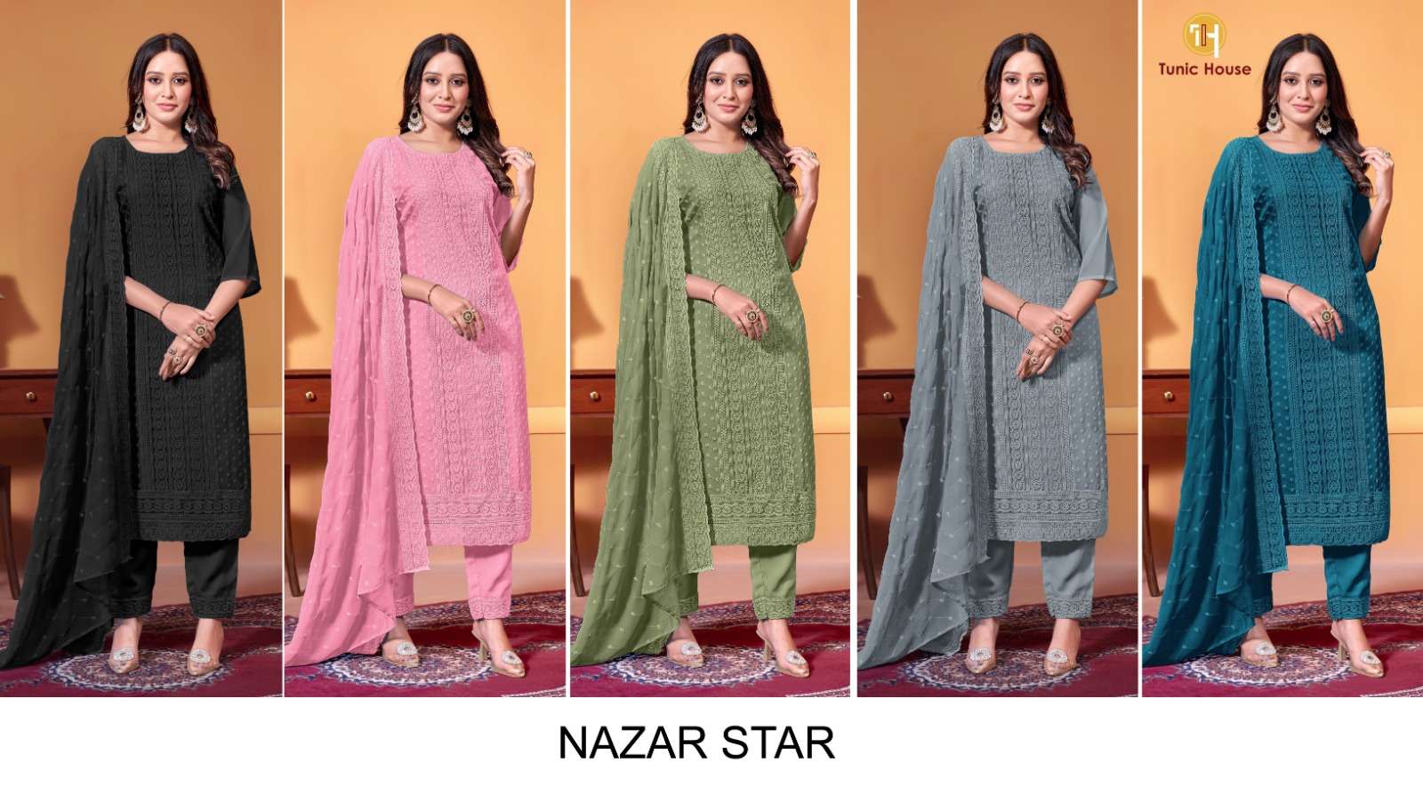 TUNIC HOUSE NAZAR STAR GEORGETTE CHIKANKARI KURTI WITH BOTTOM AND DUPATTA 