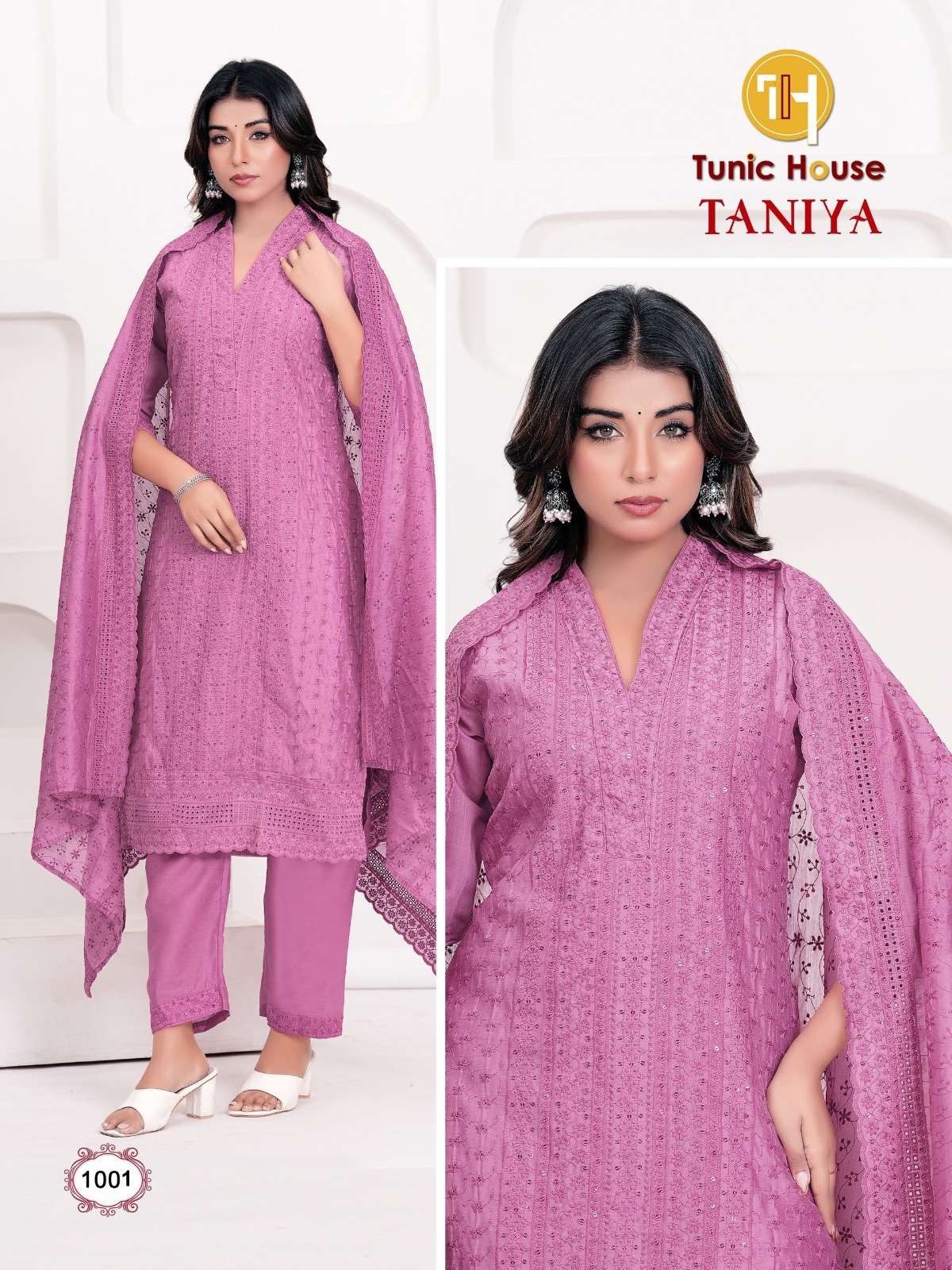 TUNIC HOUSE TANIYA CHANDERI SILK WITH LUCKNOWI WORKS KURTI BOTTOM AND DUPATTA 